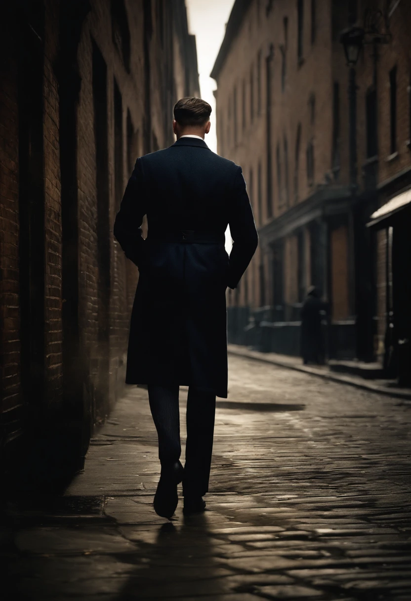 "Capture a brief but captivating moment as the camera follows Tommy Shelby's confident stride down a dimly lit street from behind. In just 7 seconds, convey his commanding presence and stylish demeanor. The shot should emphasize his iconic silhouette and the intriguing air of mystery that surrounds him. Tommy Shelby is in motion, and the camera is your window into his world."