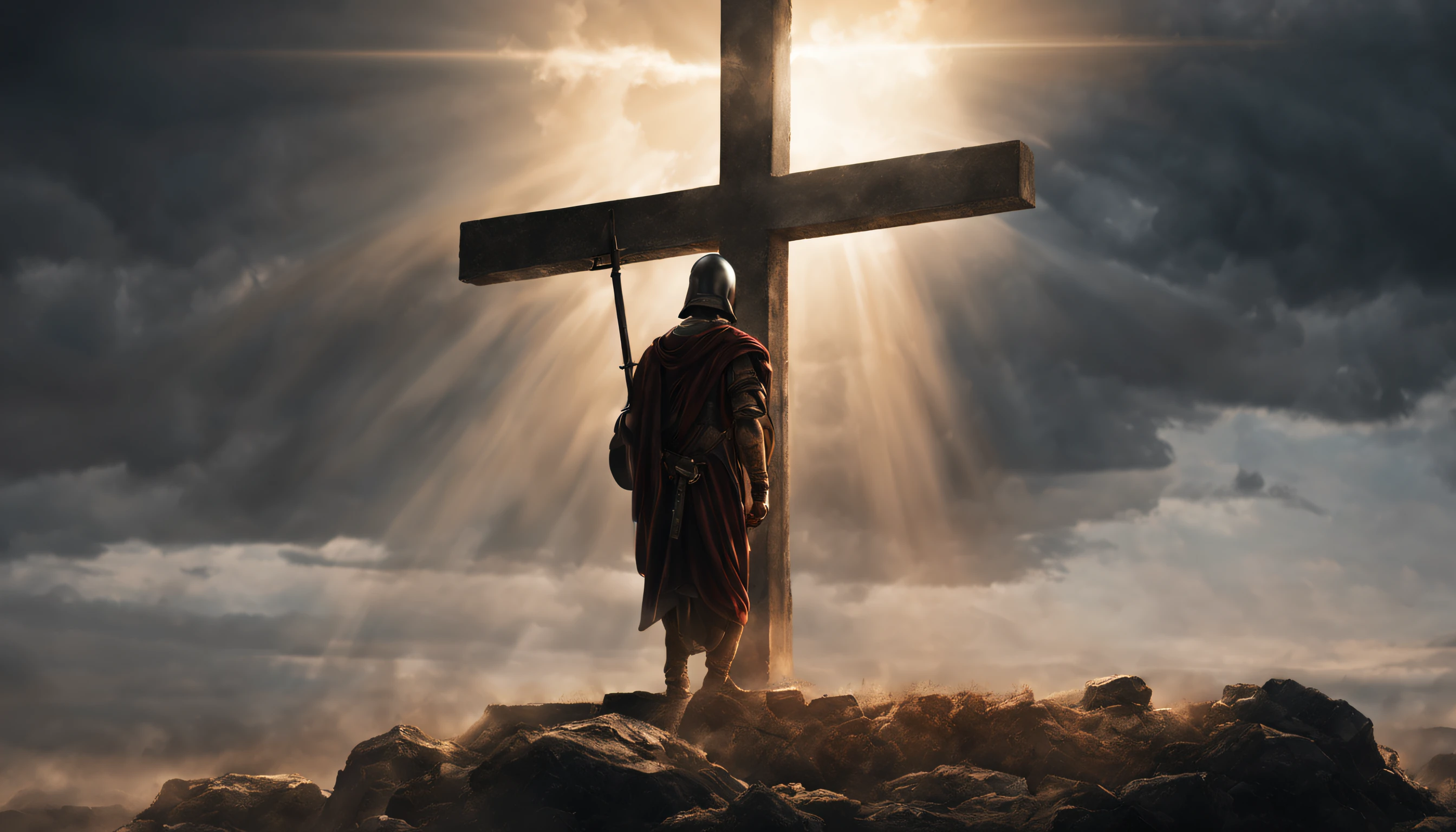 roman soldier, near the cross, dark, where jesus died, realistic, light coming out of the sky
