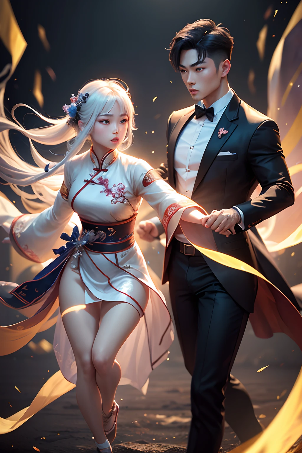 A handsome Chinese boy and girl competition, full body, combat posture, sharp eyes, clear facial features, wearing Hanfu, runes around, holographic reality, holographic halo, motion blur, game light effects, edge light, soft light, movie edge light, delicate light