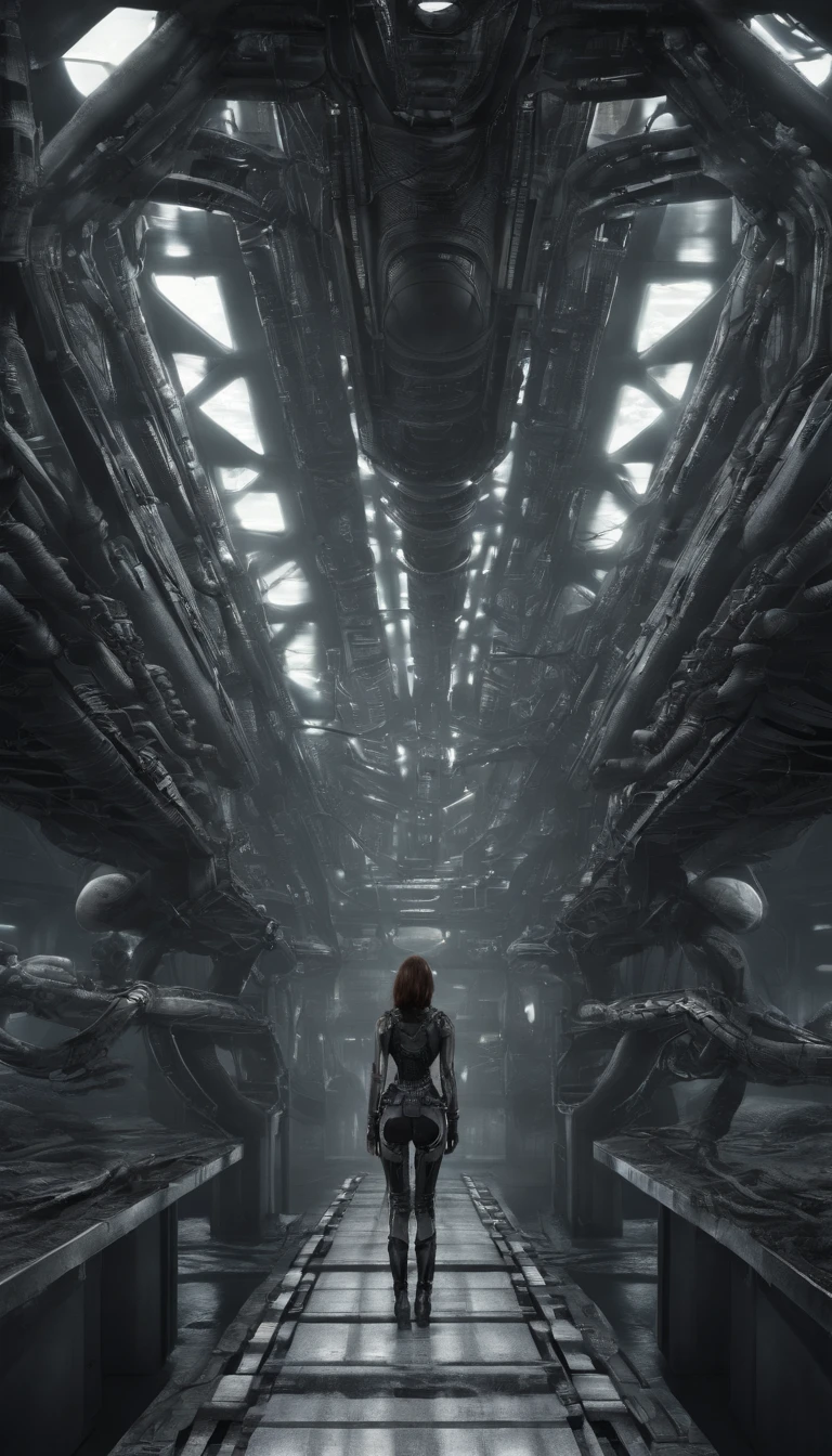 front view, low angle,1 Cyberpunk girl, futuristic, mechanical aesthetics, cameltoe, giger, biomechanic, surreal, lovecraftian,tentacles spaceship interior corridor, wide angle, worms eye pov