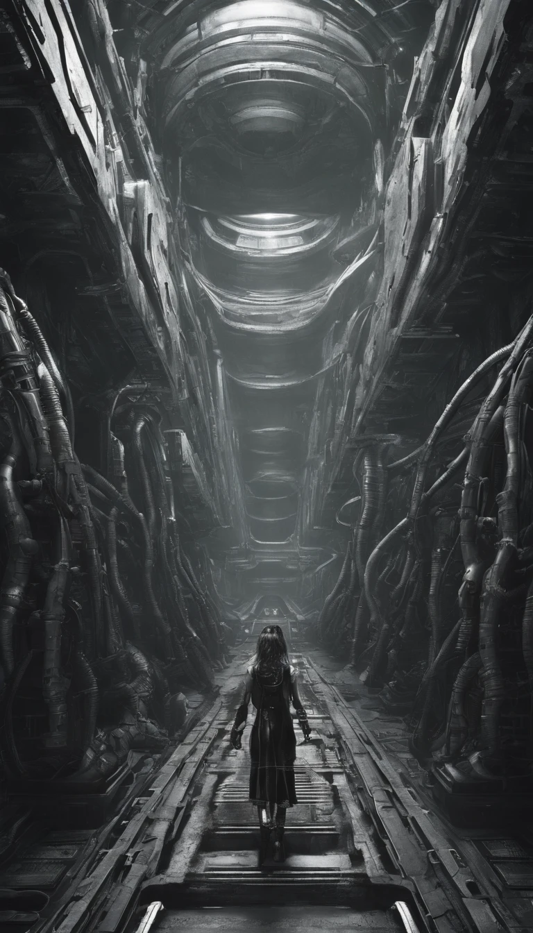 front view, low angle,1 Cyberpunk girl, futuristic, mechanical aesthetics, cameltoe, giger, biomechanic, surreal, lovecraftian,tentacles spaceship interior corridor, wide angle, worms eye pov