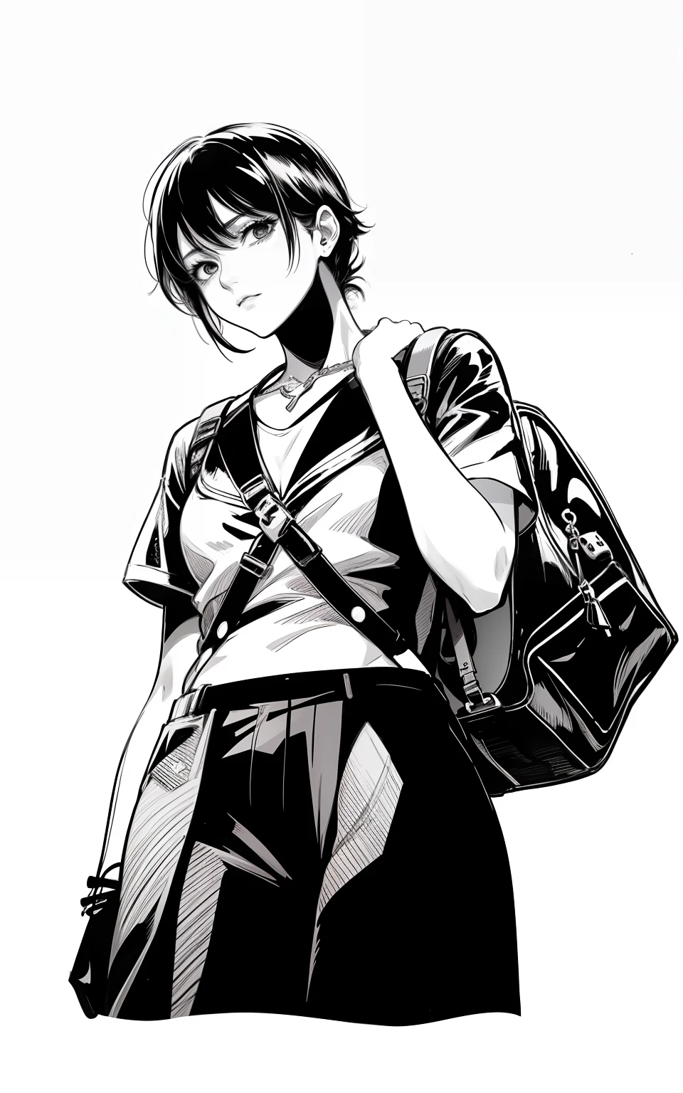 Drawing of a woman with a backpack and handbag, black and white manga style, ink manga drawing, manga style of kentaro miura, sui ishida art manga, in manga style, tall female emo art student, manga character, Kentaro Miura Manga Art Style, tsubasa nakai's style, in yoji shinkawa's art style