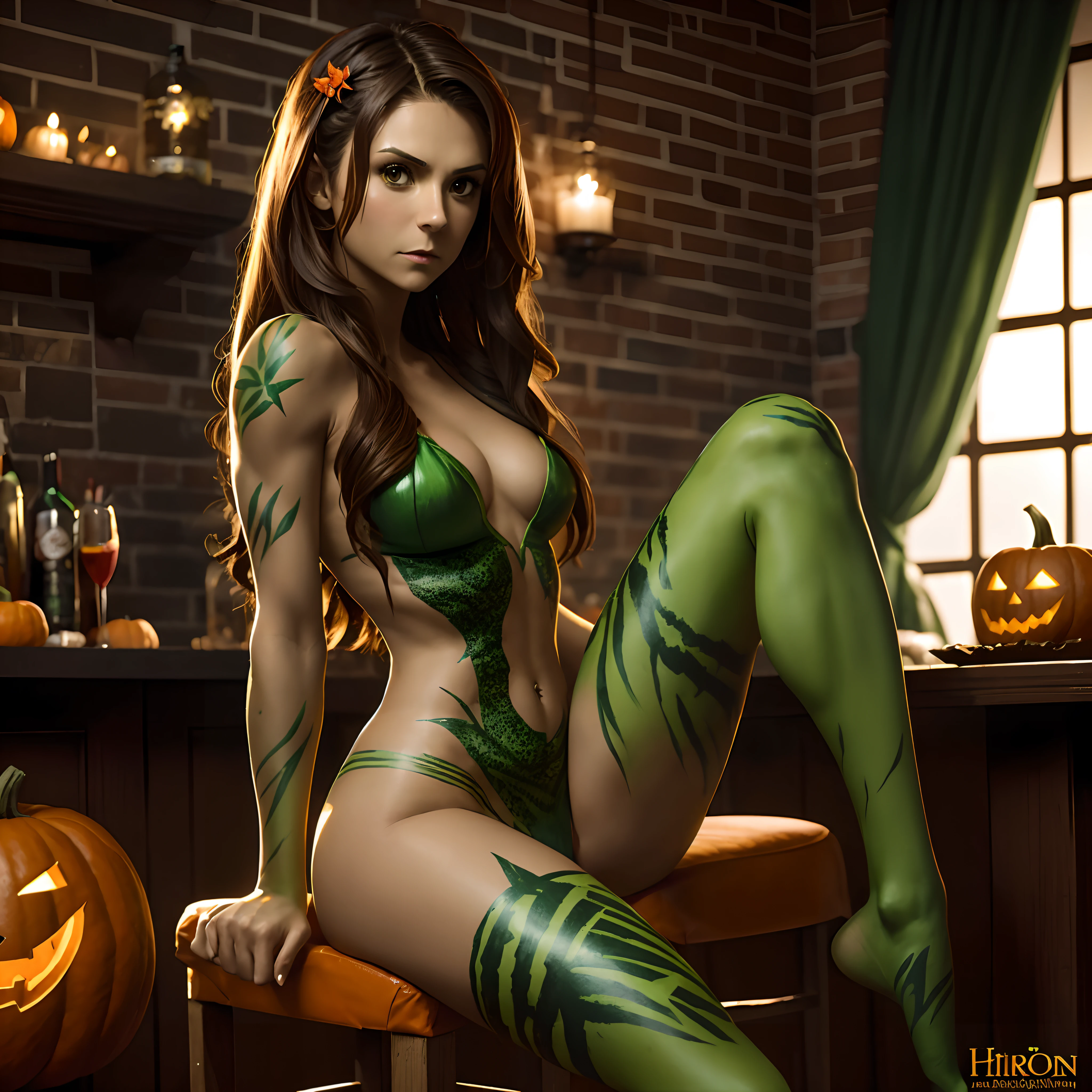 (((Nina Dobrev))) at a halloween party sitting on a barstool, sexy poison ivy, green body paint all over body costume, shy, embarassed, (((perfect hand)))