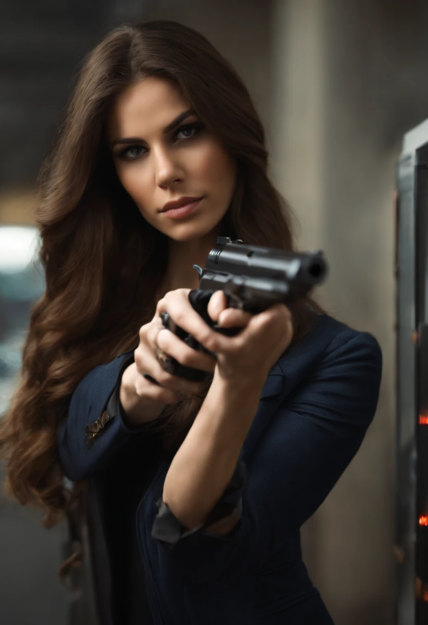MBeautiful, perfect, brunette woman with long hair holding a gun in her hand robbing a bank. HD, ultra realistic photography (hands with five fingers each)ulher