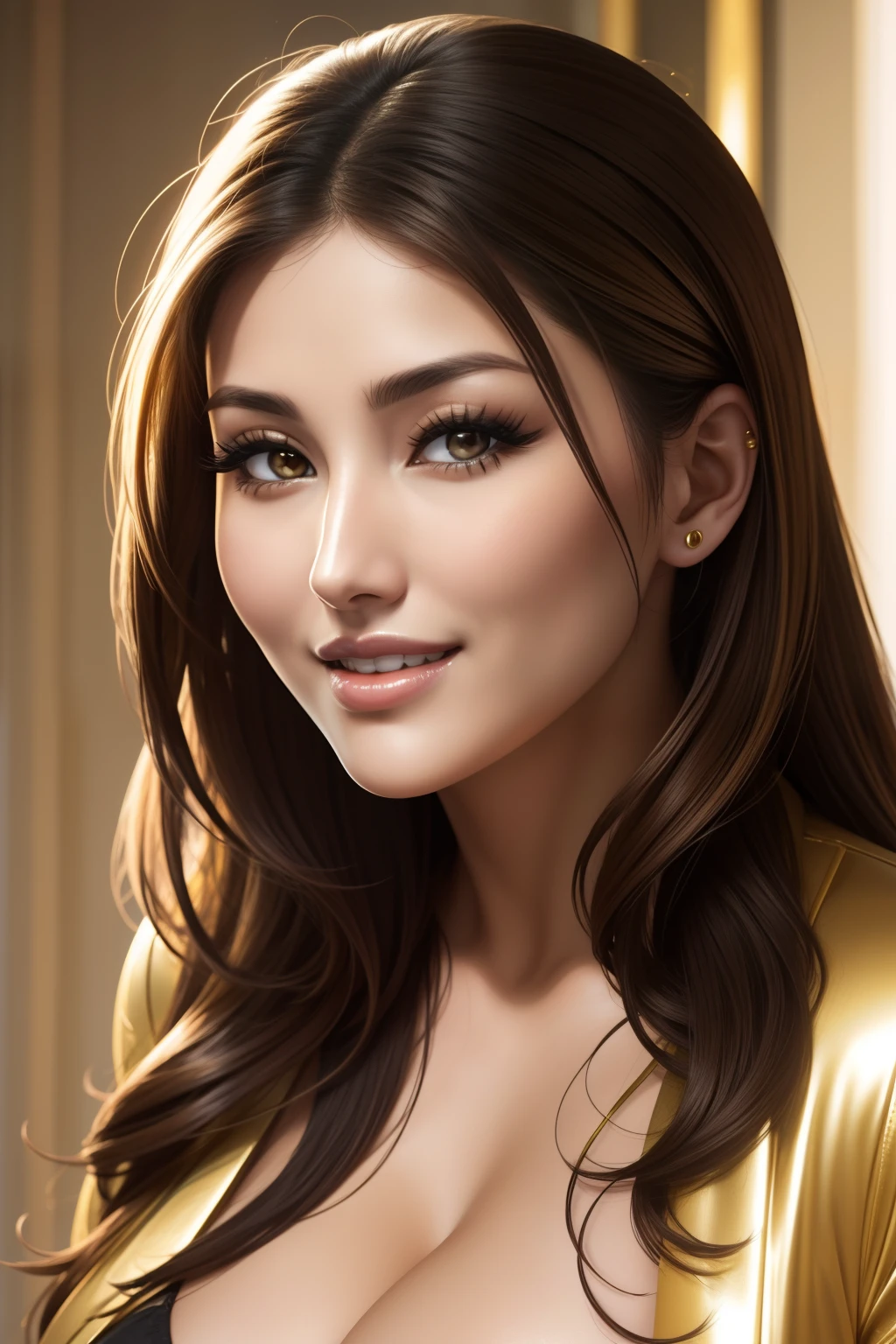 lucy pinder, face portrait, asian woman, smiling, gold lipstick