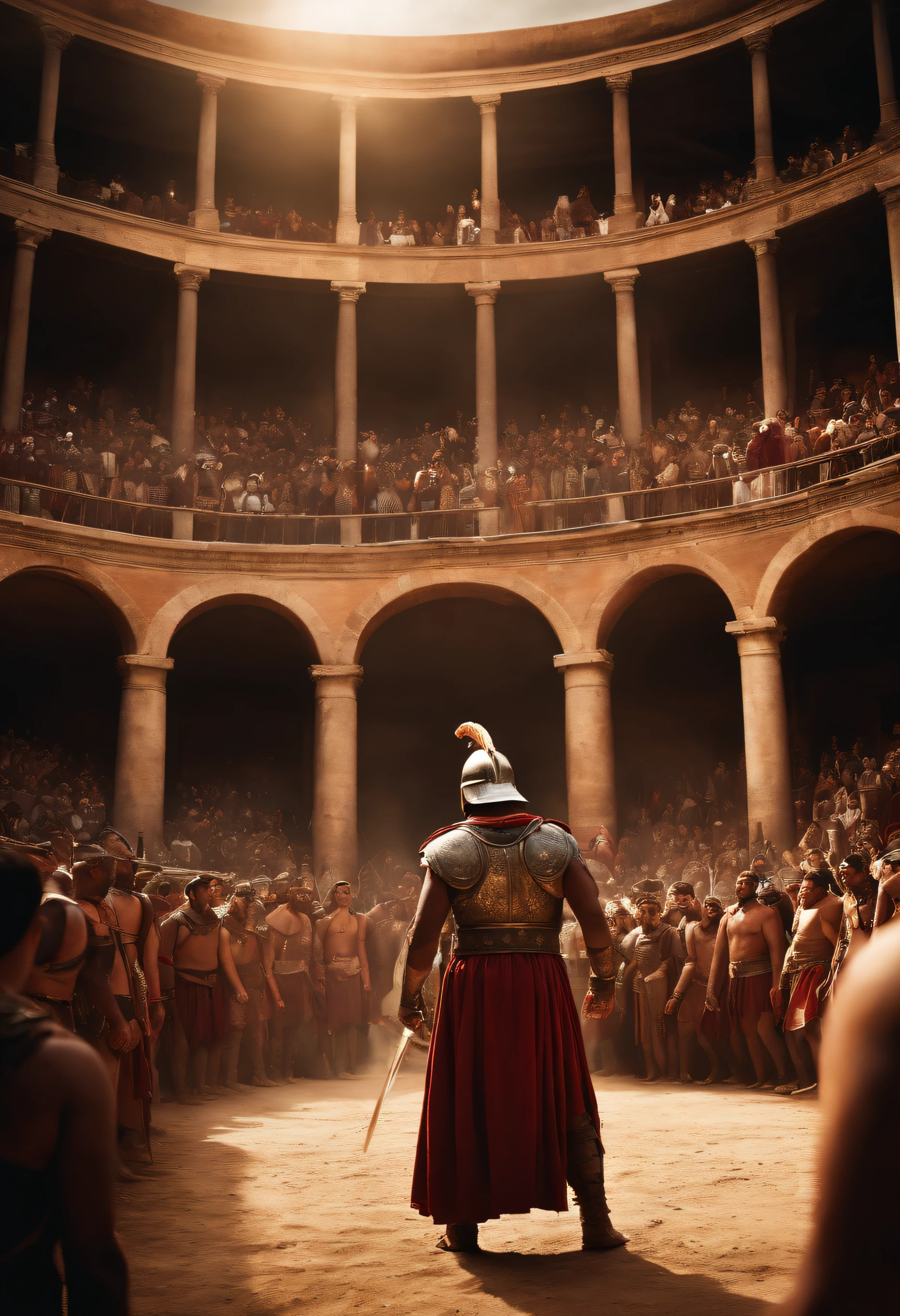 A gladiator in ancient robes and a crowd in the arena