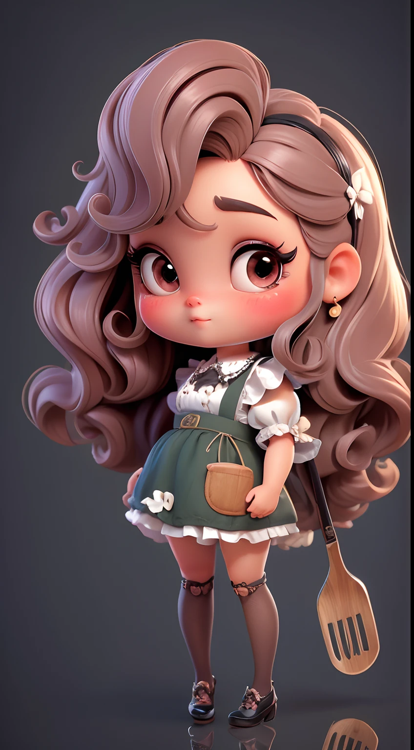 Create a series of chibi style dolls with a cute vintage chic theme, each with lots of detail and in an 8K resolution. All dolls should follow the same solid background pattern and be complete in the image, mostrando o (corpo inteiro, incluindo as pernas: 1.5)
Boneca Aprendiz de Bruxa: Chame-a de Mia. She must have medium wavy brown hair. Seus olhos devem ser grandes e curiosos, with long eyelashes and slightly pinkish cheeks. Mia should be dressed in a delicate dress and a polka-dot blouse and a delicate and beautiful bow. She should hold delicate and thin accessories. Add details like pockets and ruffles to the apron to make it even more charming, sapato bonito
Certifique-se de adicionar sombras, texturas e detalhes nos cabelos, roupas, Beautiful utensils, to make them even more adorable and charming.