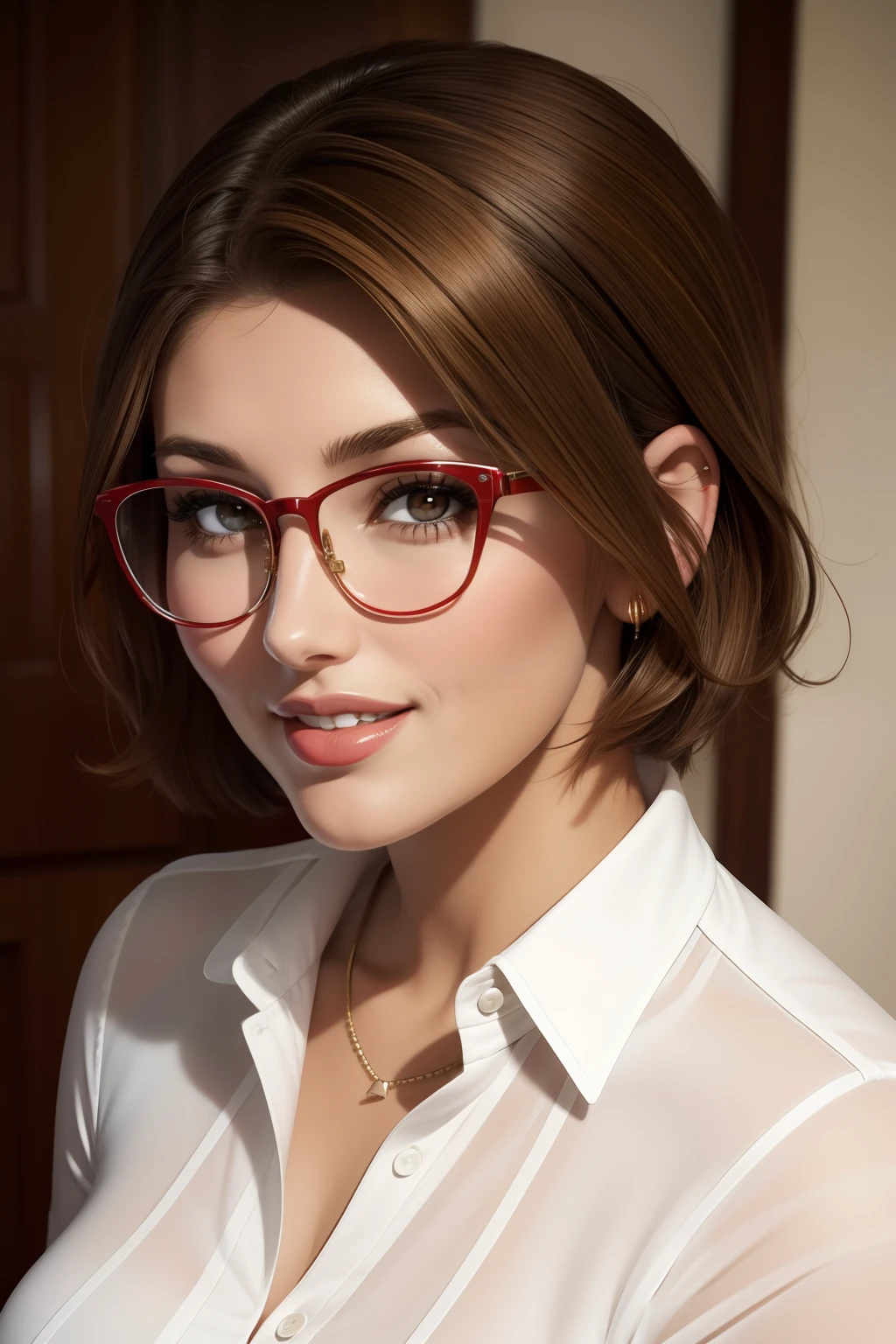 Lucy Pinder, Face portrait, smiling, short hair, brown hair, glasses, white blouse, red lipstick.