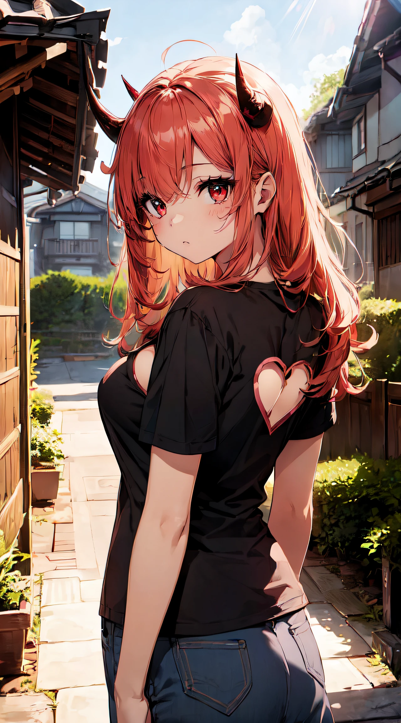 (masutepiece:1.3), (Best Quality:1.3),
(Beauty:1.5),(Chibi:0.5),(kawaii:2.0),(Cool:2.0),((17 year old girl),(Solo:1.65),BREAK, (huge-breasted:1.2,), Clear skin, Beautiful skin, Shy, 1 beautiful woman,Demons,Colossal tits(Hair Bow, Red hair, Long hair, flipped hair, hair messy,Wings of an angel on the back, Demon King's horn on the head:1.2), (Red Eyes, long eyelashes, Double eyelids: 1.2), Shiny skin,de pele branca,
BREAK
(T-shirt:1.2),cleavage,(Heart-shaped cutout:1.2),
break
outdoors,Japanese houses,entranceway,High Fence,tile roof,Large wooden gate,
BREAK
(Upper body:1.2),
,BREAK, Professional Lighting, Physically-based rendering,depth of fields,BREAK, wakame,wakame,wakame,(Highly detailed CG Unity 8k wallpaper), (Best Quality, Very detailed, Colorful, Highest detail), (Best Illustration), (Best Shadow), POV, Realistic lighting and shading, Natural light, Lens flare effect,absurderes, absolutely resolution, unbelievable Ridiculous, hight resolution, ultra-detailliert, Official art, Unity 8k壁纸, Kinetic Typography Break, (1girl in, Solo:1.4), Dynamic Poses,
