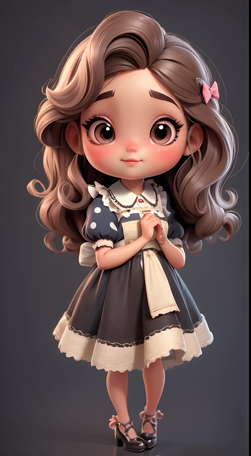 Create a series of chibi style dolls with a cute vintage chic theme, each with lots of detail and in an 8K resolution. All dolls should follow the same solid background pattern and be complete in the image, mostrando o (corpo inteiro, incluindo as pernas: 1.5)
Boneca Aprendiz de Bruxa: Chame-a de Mia. She must have medium wavy brown hair. Seus olhos devem ser grandes e curiosos, with long eyelashes and slightly pinkish cheeks. Mia should be dressed in a delicate dress and a polka-dot blouse and a delicate and beautiful bow. She should hold delicate and thin accessories. Add details like pockets and ruffles to the apron to make it even more charming, sapato bonito
Certifique-se de adicionar sombras, texturas e detalhes nos cabelos, roupas, Beautiful utensils, to make them even more adorable and charming.