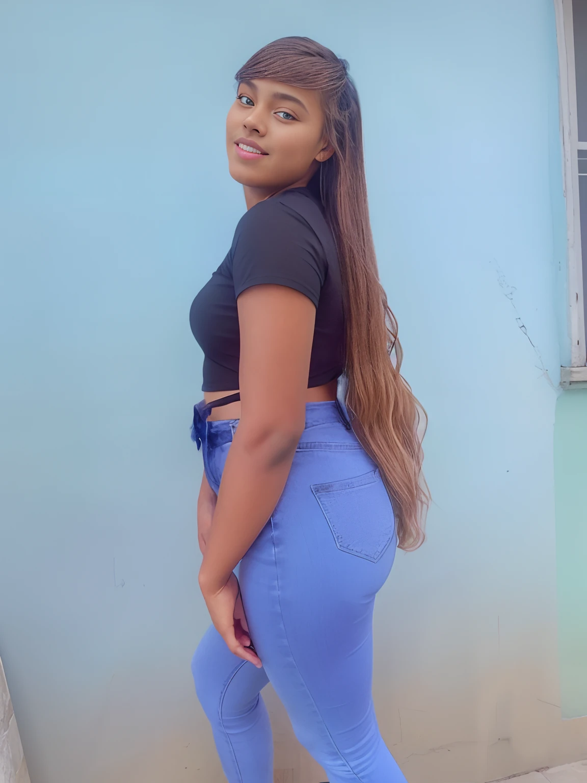 a close up of a woman in a black top and blue jeans, 18 years old, 1 6 years old, 2 2 years old, 2 3 years old, she is about 2 0 years old, she is about 20 years old, she is about 1 6 years old, frontal pose, casual pose, 21 years old
