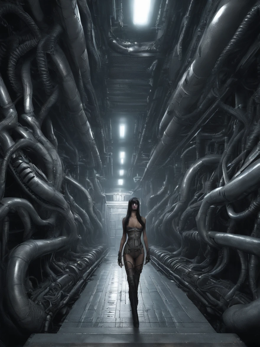 front view, low angle,1   nude naked Cyberpunk girl, futuristic, mechanical aesthetics, cameltoe, giger, biomechanic, surreal, lovecraftian,tentacles spaceship interior corridor, claustrophobic, dark, wide angle, worms eye pov