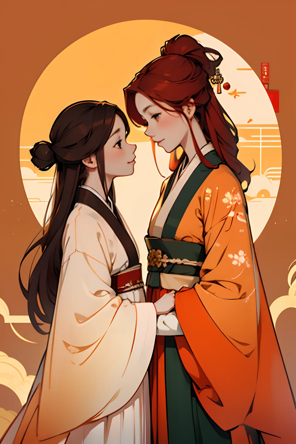 two girls as lover, hanfu, white and orange hanfu, red clothes, red hair girl, brown hair girl ,flat background, gentle expression, looking lovingly at each other, chinese pattern background, sun theme,