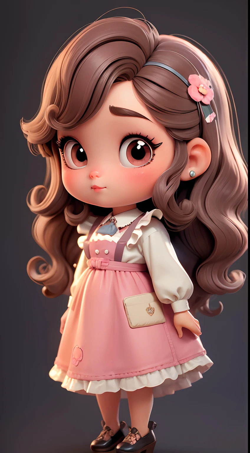 Create a series of chibi style dolls with a cute vintage chic theme, each with lots of detail and in an 8K resolution. All dolls should follow the same solid background pattern and be complete in the image, mostrando o (corpo inteiro, incluindo as pernas: 1.5)
Boneca Aprendiz de Bruxa: Chame-a de Mia. She must have medium wavy brown hair. Seus olhos devem ser grandes e curiosos, with long eyelashes and slightly pinkish cheeks. Mia should be dressed in a delicate dress and a polka-dot blouse and a delicate and beautiful bow. She should hold delicate and thin accessories. Add details like pockets and ruffles to the apron to make it even more charming, sapato bonito
Certifique-se de adicionar sombras, texturas e detalhes nos cabelos, roupas, Beautiful utensils, to make them even more adorable and charming.