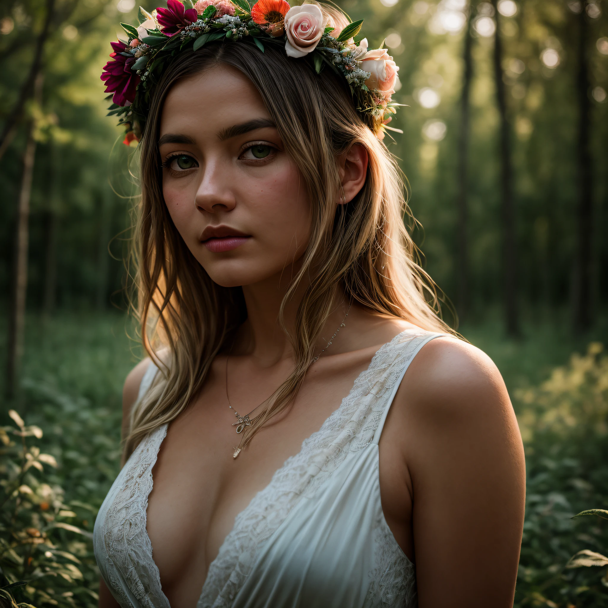 close up of a European woman, long blonde hair, spring forest, (cleavage), (big curvy breasts), natural skin, sexy, flower crown, 24mm, 4k, soft cinematic light, RAW photo, photorealism, photorealistic, intricate, elegant, highly detailed, sharp focus, ((((cinematic look)))), soothing tones, insane details, intricate details, hyperdetailed, low contrast, soft cinematic light, dim colors, exposure blend, hdr, faded