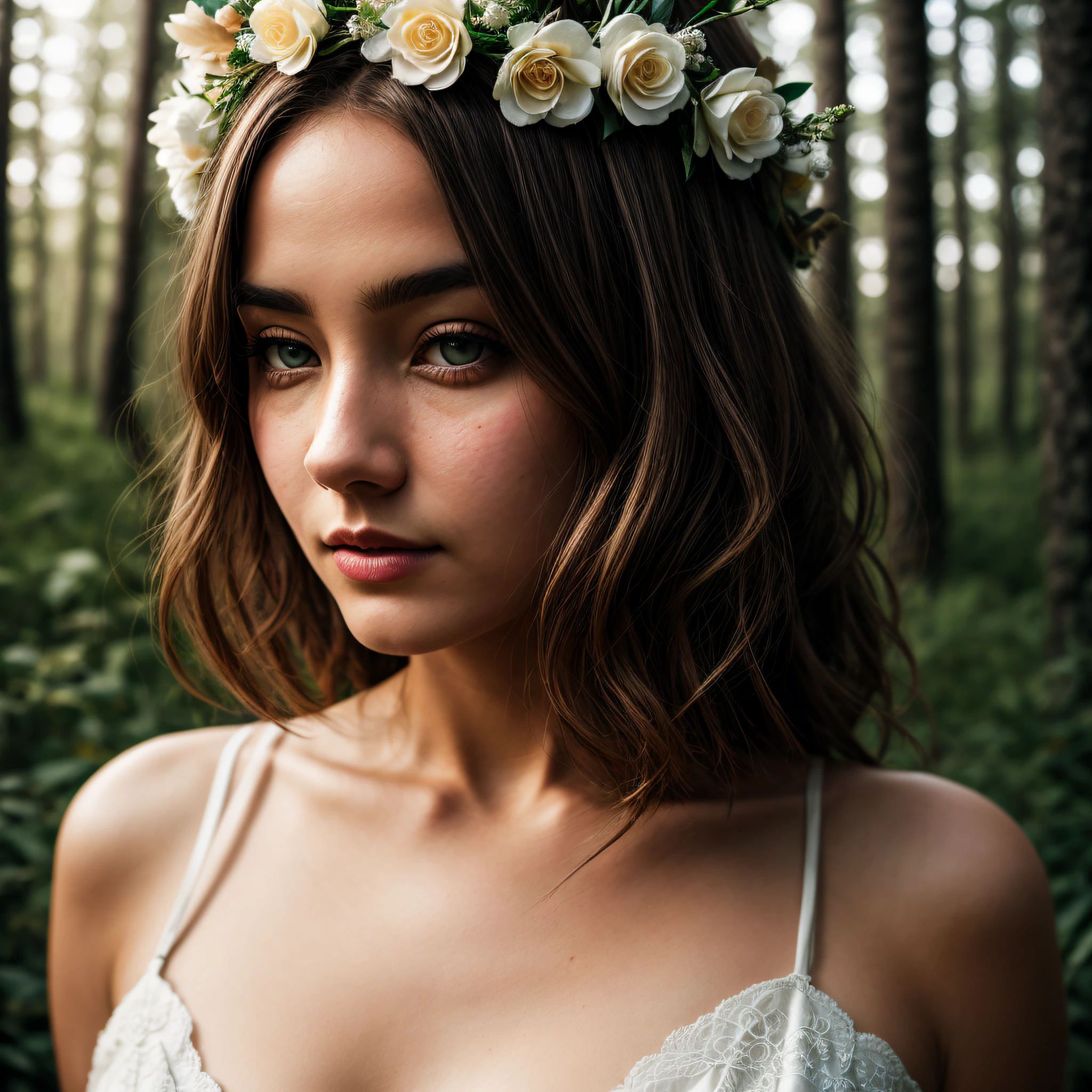 close up of a European woman, long blonde hair, spring forest, (cleavage), (big curvy breasts), natural skin, sexy, flower crown, 24mm, 4k, soft cinematic light, RAW photo, photorealism, photorealistic, intricate, elegant, highly detailed, sharp focus, ((((cinematic look)))), soothing tones, insane details, intricate details, hyperdetailed, low contrast, soft cinematic light, dim colors, exposure blend, hdr, faded