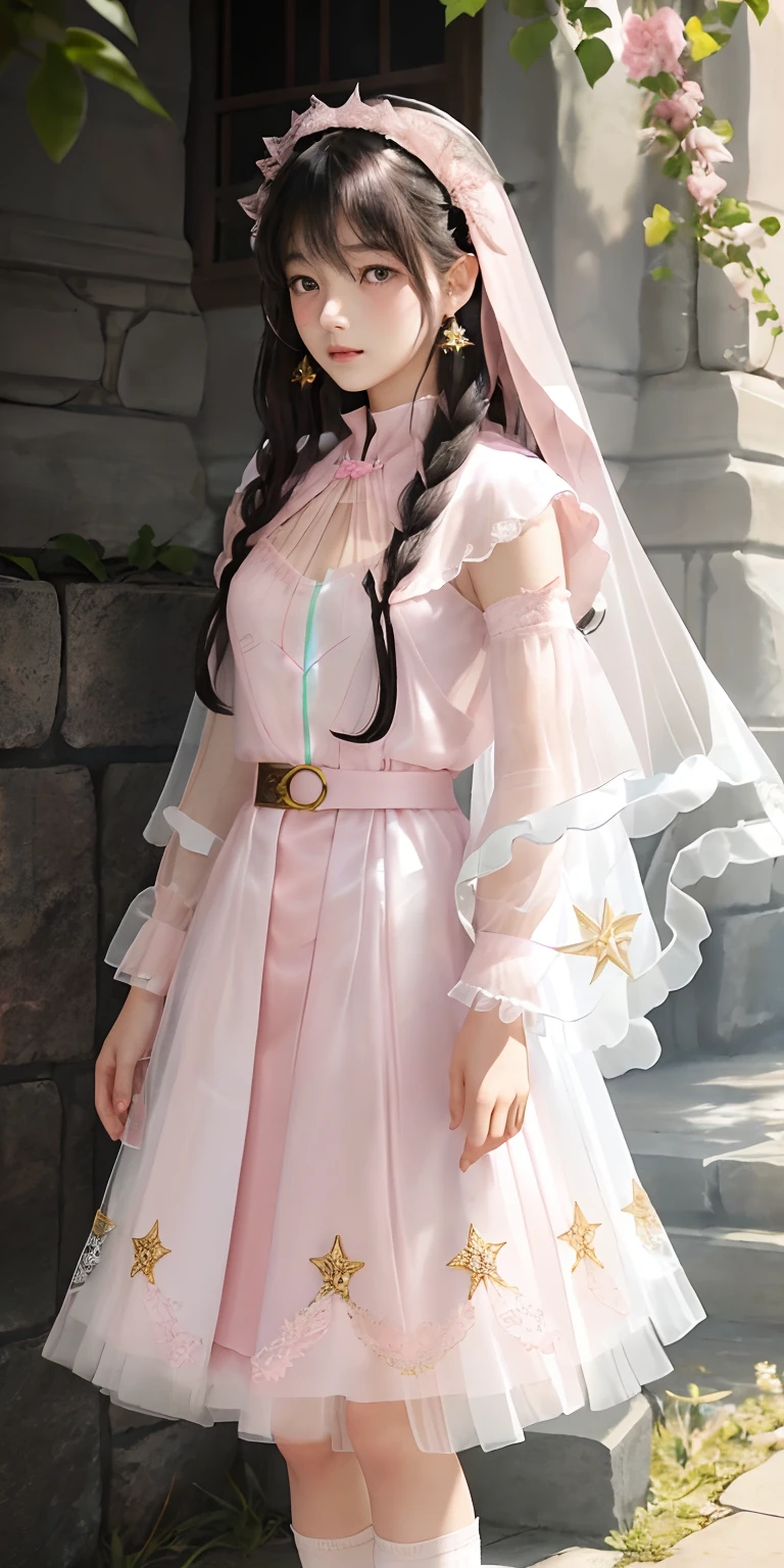A 17 years old girl, super Long, flowing black hair.
	•	Gentle facial features with a hint of mystery and confusion in her eyes.

Wearing a (light pink:1.3) and pale white dress, which incorporates subtle gold or silver details.
The dress combines elements of both a pleated skirt and a flat skirt: the center portion of the dress is flat, while the sides have gentle pleats.
She has ((light pink:1.3) Mary Jane shoes) paired with (white lace-trimmed socks)).
Slightly tightened puff sleeves that reflect her calm and reserved nature.
A simple belt around her waist, holding a few small magical tools.
(A translucent, gauzy shawl:1.3)
Simple star-shaped earrings.
Her medieval dress is embroidered with magical symbols or runes.
	•	Despite her strong magical powers, her overall appearance exudes a sense of understated elegance and gentleness.