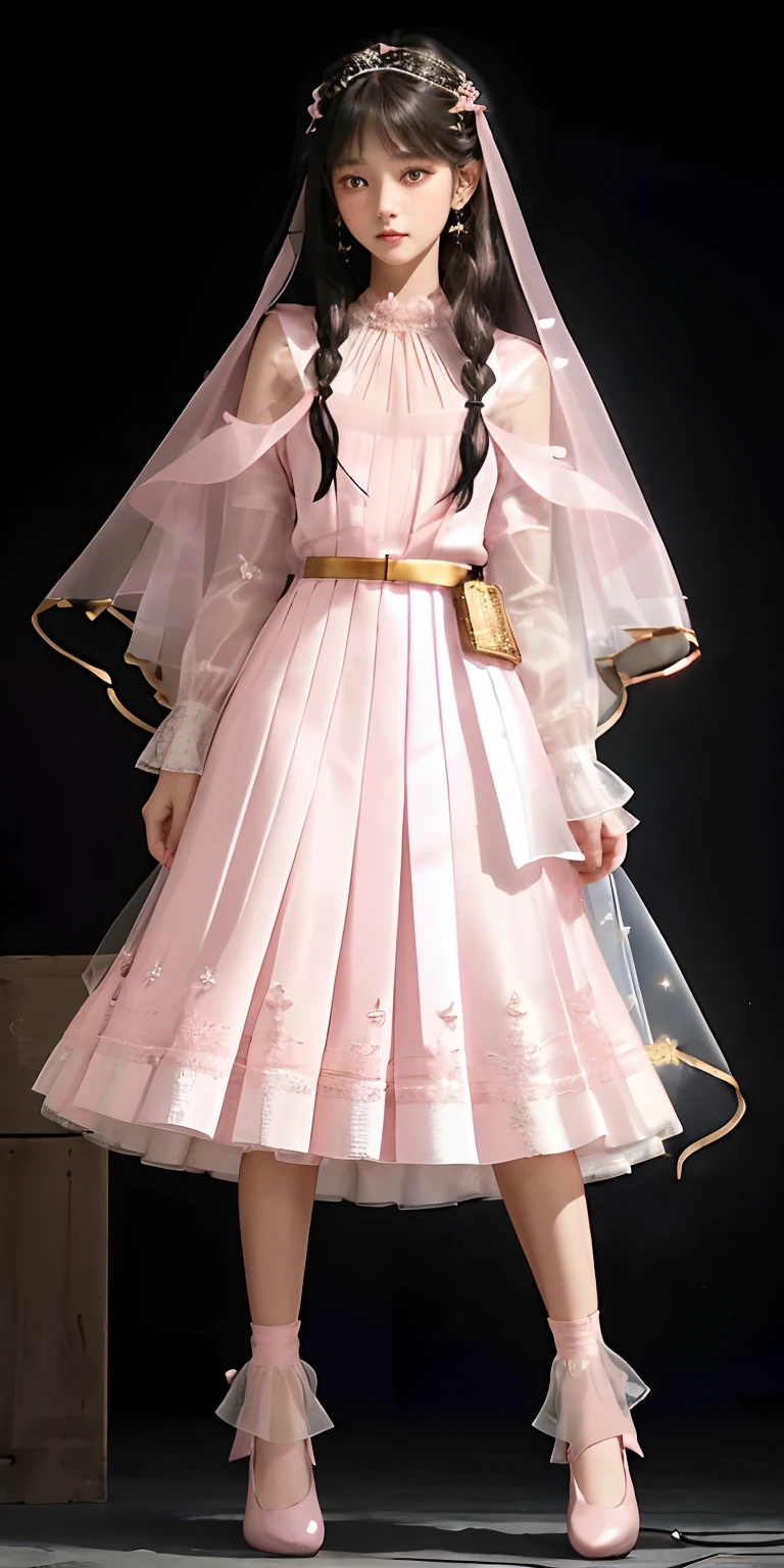 A girl, super Long, flowing black hair.
• Gentle facial features with a hint of mystery and confusion in her eyes.
Wearing a (light pink:1.3) and pale white dress, which incorporates subtle gold or silver details.
The dress combines elements of both a pleated skirt and a flat skirt: the center portion of the dress is flat, while the sides have gentle pleats.
She has ((light pink:1.3) Mary Jane shoes) paired with (white lace-trimmed socks)).
Slightly tightened puff sleeves that reflect her calm and reserved nature.
A simple belt around her waist, holding a few small magical tools.
(A translucent, gauzy shawl:1.3)
Simple star-shaped earrings.
Her medieval dress is embroidered with magical symbols or runes.
• Despite her strong magical powers, her overall appearance exudes a sense of understated elegance and gentleness.