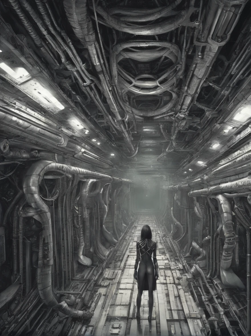 front view, low angle,1   nude naked Cyberpunk girl, futuristic, mechanical aesthetics, cameltoe, giger, biomechanic, surreal, lovecraftian,tentacles spaceship interior corridor, slimy floor, claustrophobic, dark, wide angle, worms eye pov
