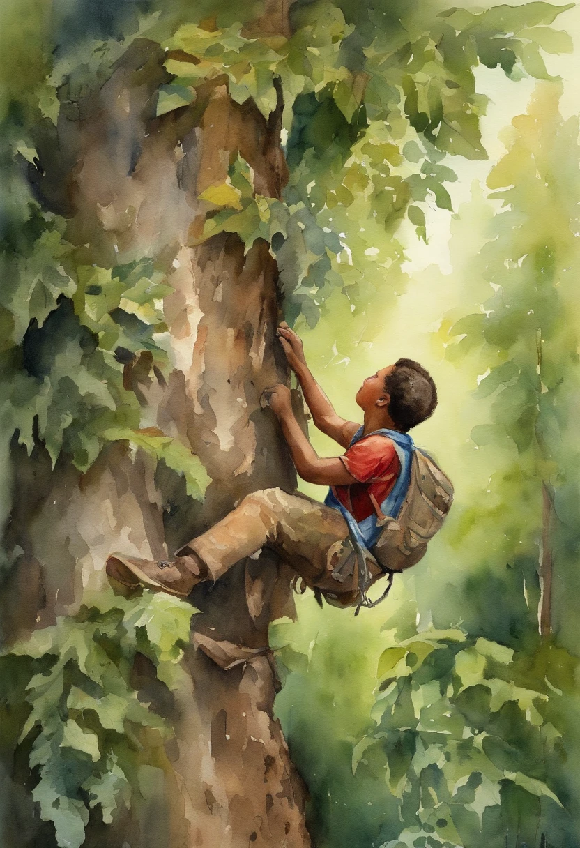 A young native climbing a tall tree in search of seeds, watercolor, illustration,detailed figure,lush greenery,serene atmosphere,morning light,masterpiece:1.2,high resolution:1.2,vibrant colors,ultra-detailed leaves,beautifully textured bark,exquisite details.