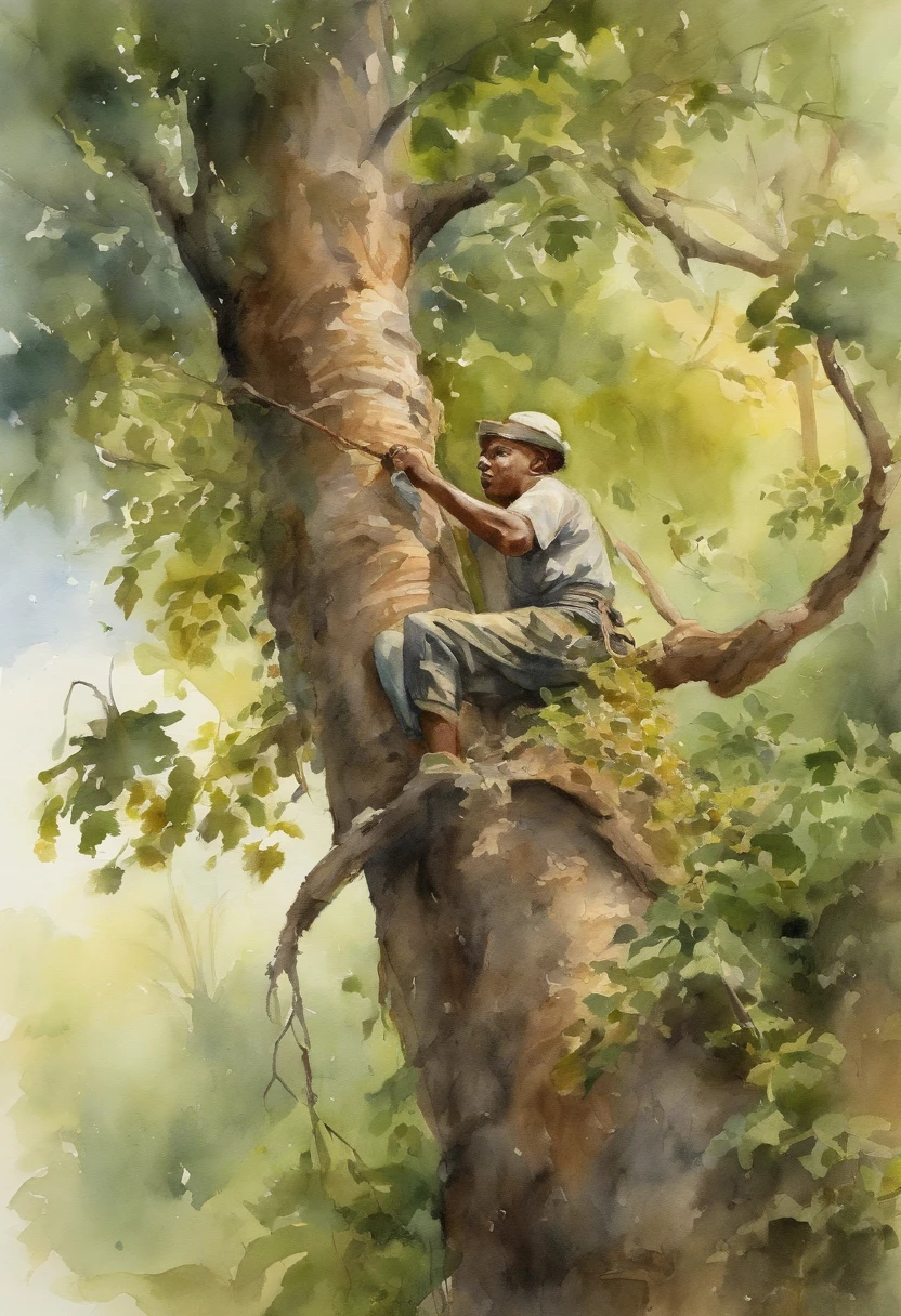 A young native climbing a tall tree in search of seeds, watercolor, illustration,detailed figure,lush greenery,serene atmosphere,morning light,masterpiece:1.2,high resolution:1.2,vibrant colors,ultra-detailed leaves,beautifully textured bark,exquisite details.