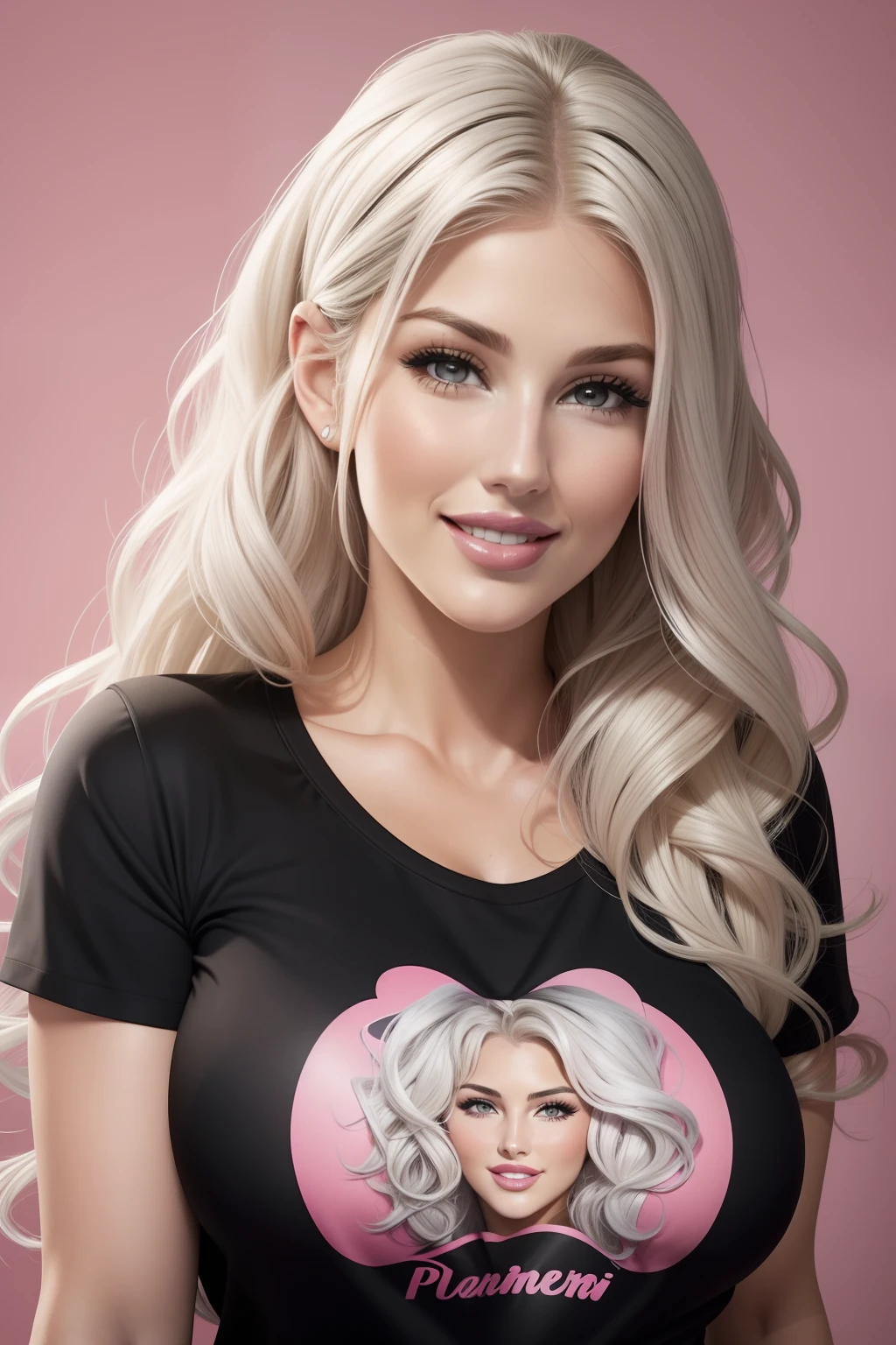 Lucy Pinder, Face portrait, smiling, wavy hair, platinum hair, black t-shirt, pink lipstick.