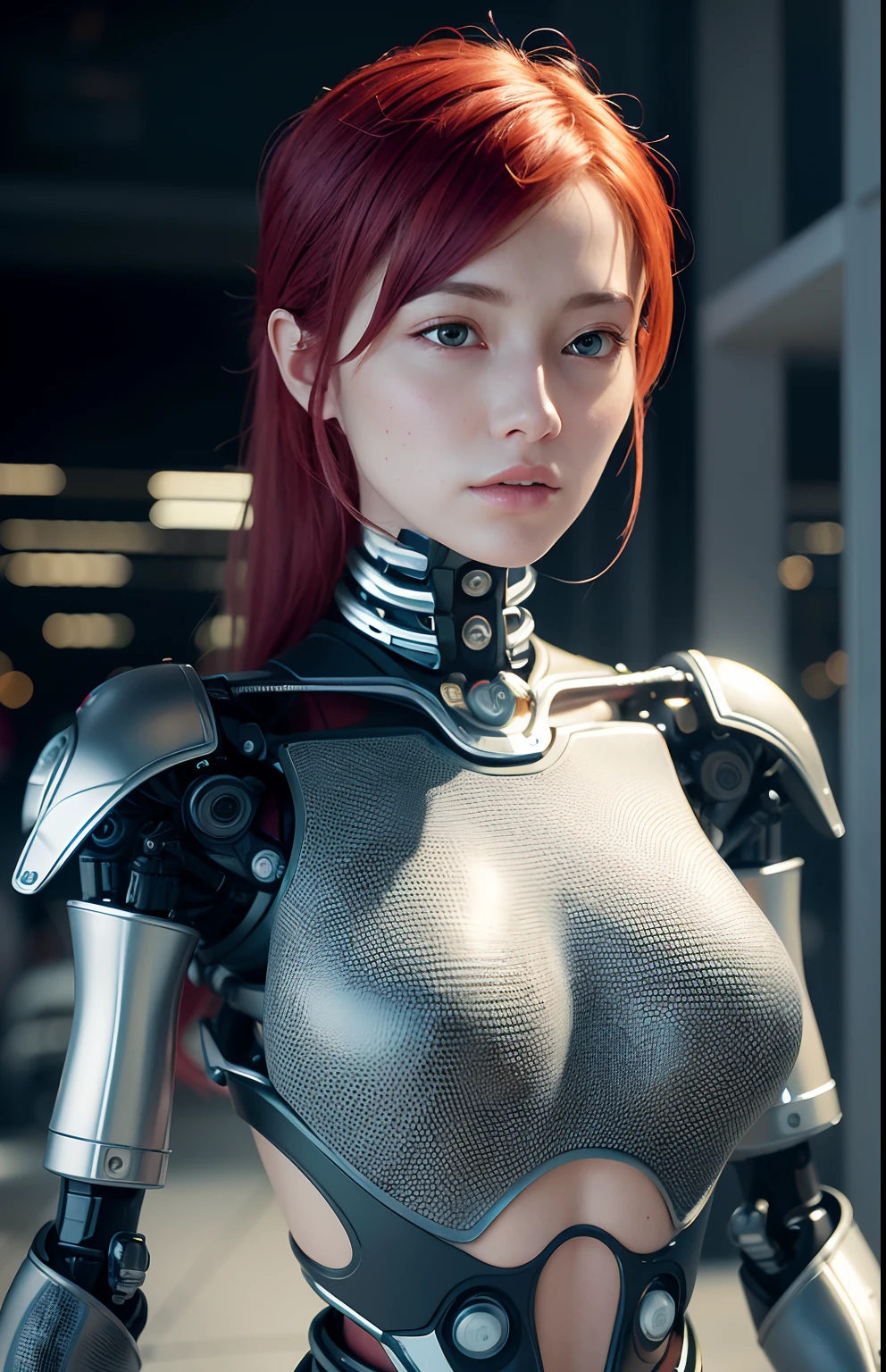 Intricate 3d rendering of highly detailed beautiful female cyborg, beautiful girl face, red hair, human torso, mechanical limbs, 150 mm, beautiful studio soft light, rim light, vibrant details, luxurious cyberpunk, lace, surreal, anatomy, facial muscles, cables wires, microchip, elegant, beautiful background, octane rendering, HR Giger style, 8k, best quality, masterpiece, illustration, very delicate and beautiful, very detailed, CG, unity, wallpaper , (fidelity, fidelity: 1.37), amazing, fine detail, masterpiece, best quality, official art, very detailed cg unity 8k wallpaper, absurd, unbelievably absurd, robot, full body