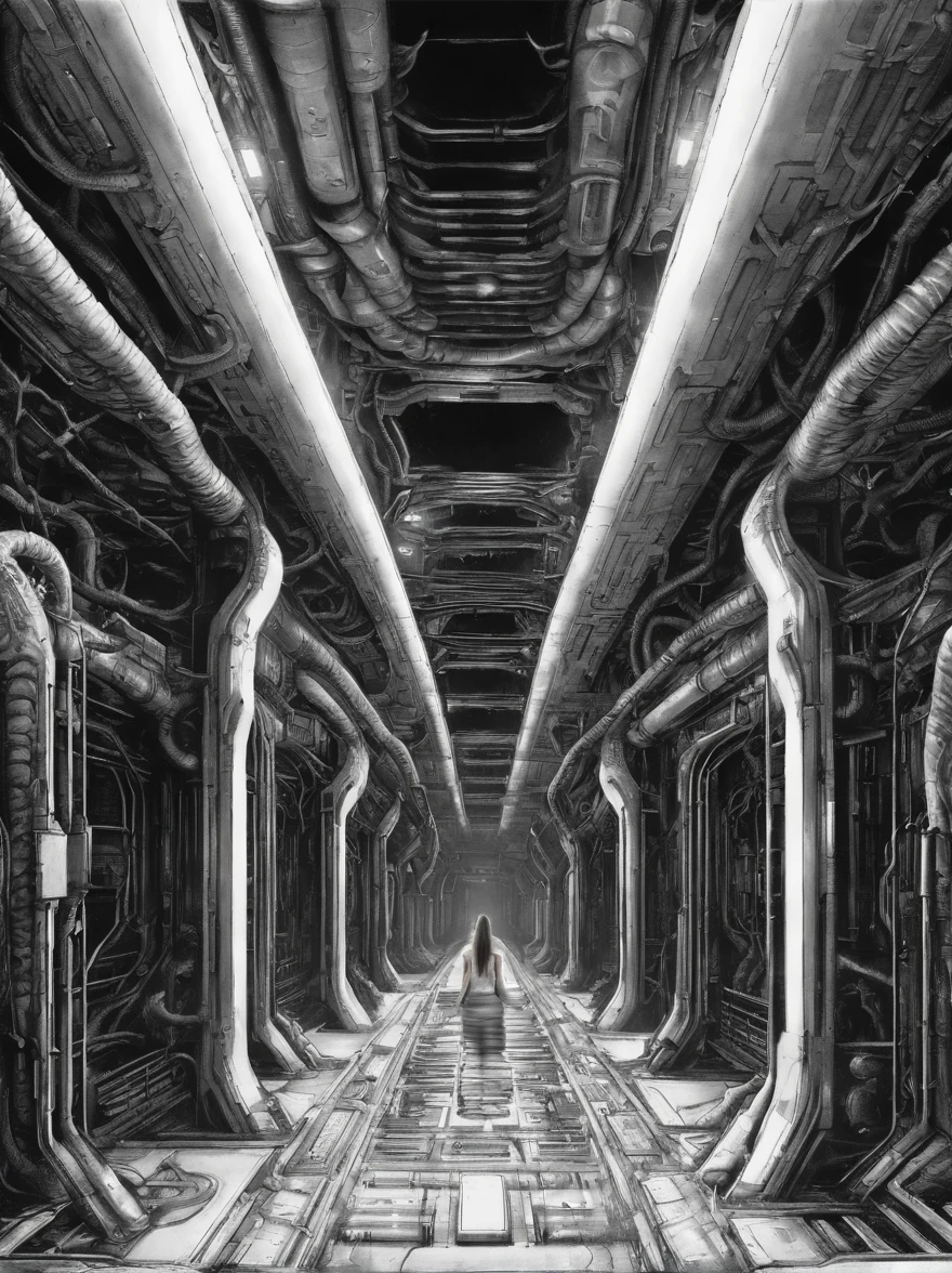 front view, low angle,1 nude naked Cyberpunk girl, futuristic, mechanical aesthetics, cameltoe, giger, biomechanic, surreal, lovecraftian,tentacles spaceship interior corridor, slimy floor, claustrophobic, dark, wide angle, worms eye pov