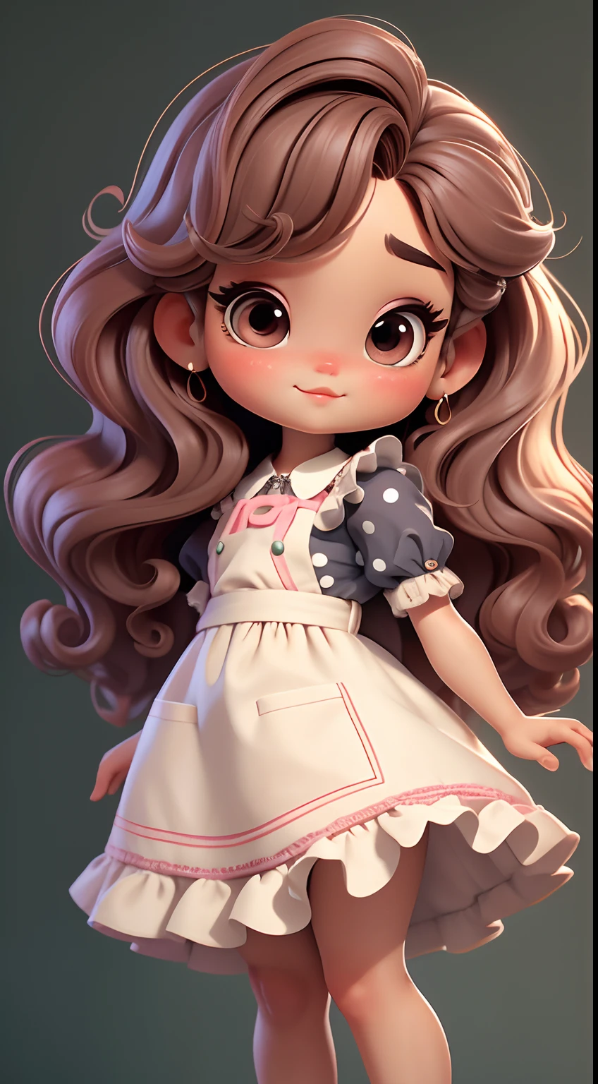 Create a series of chibi style dolls with a cute vintage chic theme, each with lots of detail and in an 8K resolution. All dolls should follow the same solid background pattern and be complete in the image, mostrando o (corpo inteiro, incluindo as pernas: 1.5)
Boneca Aprendiz de Bruxa: Chame-a de Mia. She must have medium wavy brown hair. Seus olhos devem ser grandes e curiosos, with long eyelashes and slightly pinkish cheeks. Mia should be dressed in a delicate dress and a polka-dot blouse and a delicate and beautiful bow. She should hold delicate and thin accessories. Add details like pockets and ruffles to the apron to make it even more charming, sapato bonito
Certifique-se de adicionar sombras, texturas e detalhes nos cabelos, roupas, Beautiful utensils, to make them even more adorable and charming.