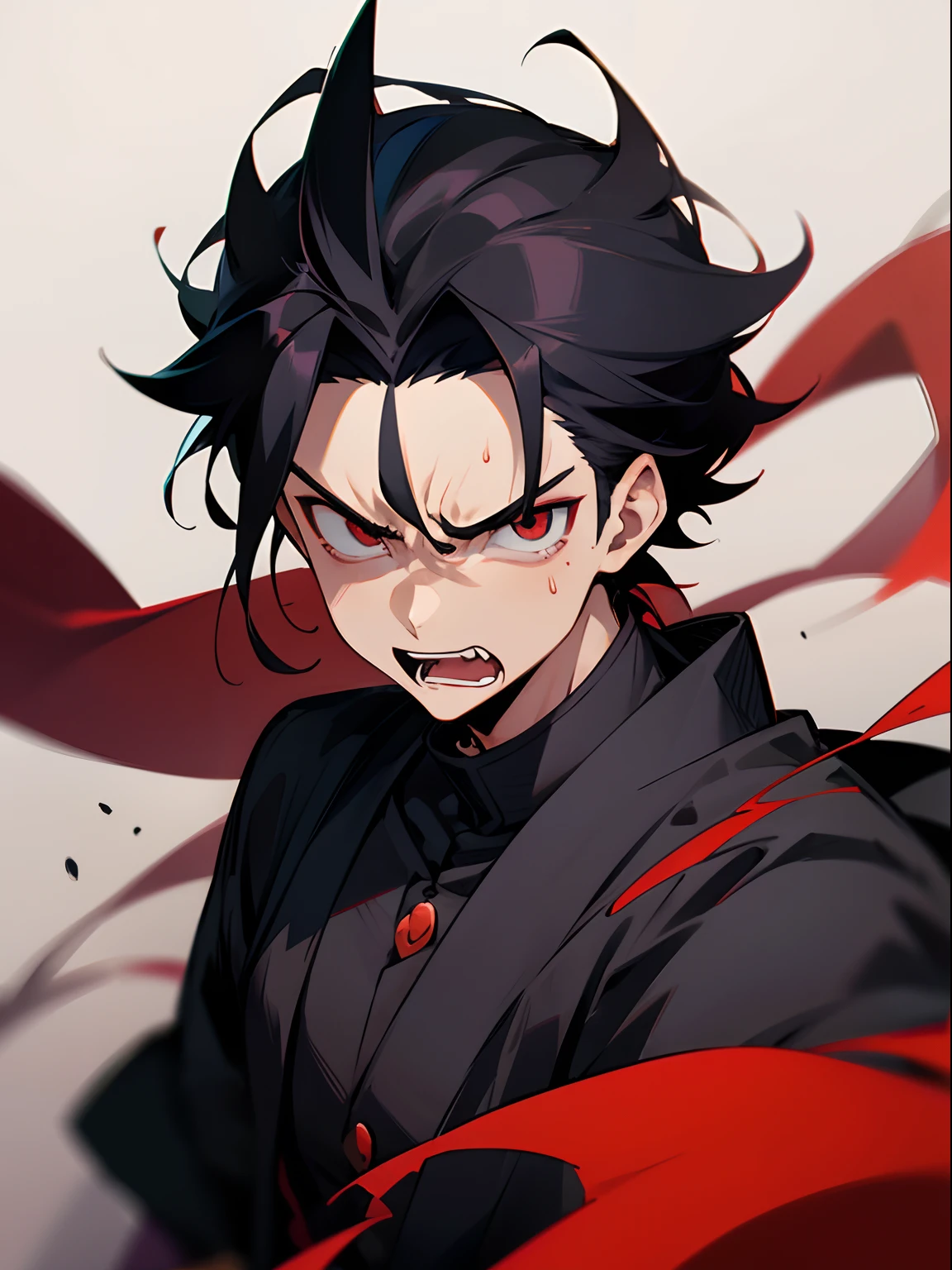 The boy Tanjiro Kamado from the demon fighting anime and he is angry in the fighting situation and his features have a black scar above the eye that he is famous for