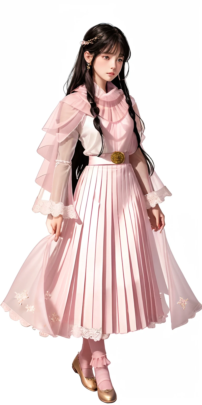 A girl, super Long, flowing black hair.
• Gentle facial features with a hint of mystery and confusion in her eyes.
Wearing a (light pink:1.3) and pale white dress, which incorporates subtle gold or silver details.
The dress combines elements of both a pleated skirt and a flat skirt: the center portion of the dress is flat, while the sides have gentle pleats.
She has ((light pink:1.3) Mary Jane shoes) paired with (white lace-trimmed socks)).
Slightly tightened puff sleeves that reflect her calm and reserved nature.
A simple belt around her waist, holding a few small magical tools.
(A translucent, gauzy shawl:1.3)
Simple star-shaped earrings.
Her medieval dress is embroidered with magical symbols or runes.
• Despite her strong magical powers, her overall appearance exudes a sense of understated elegance and gentleness.