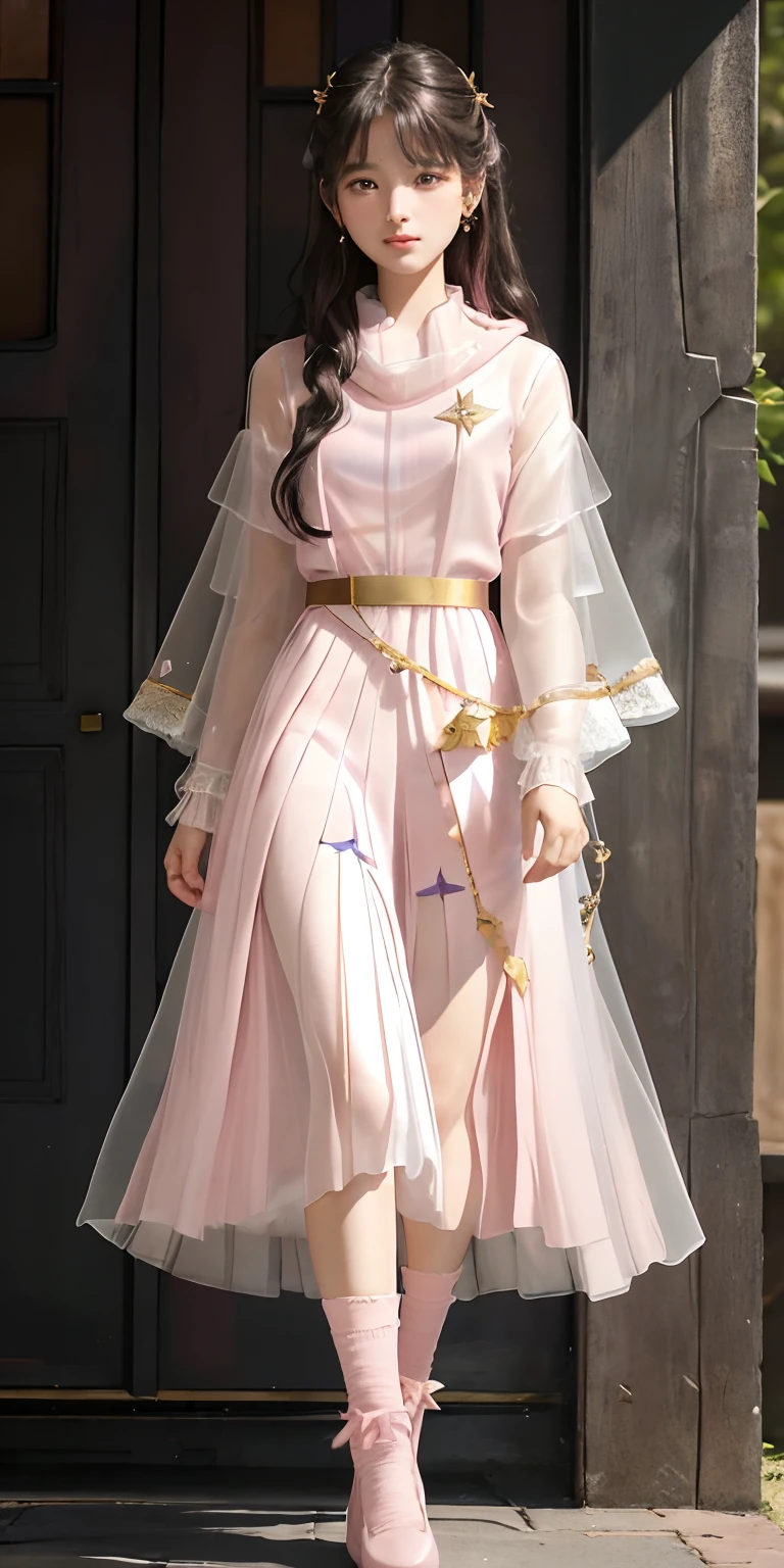 A girl, super Long, flowing black hair.
• Gentle facial features with a hint of mystery and confusion in her eyes.
Wearing a (light pink:1.3) and pale white dress, which incorporates subtle gold or silver details.
The dress combines elements of both a pleated skirt and a flat skirt: the center portion of the dress is flat, while the sides have gentle pleats.
She has ((light pink:1.3) Mary Jane shoes) paired with (white lace-trimmed socks)).
Slightly tightened puff sleeves that reflect her calm and reserved nature.
A simple belt around her waist, holding a few small magical tools.
(A translucent, gauzy shawl:1.3)
Simple star-shaped earrings.
Her medieval dress is embroidered with magical symbols or runes.
• Despite her strong magical powers, her overall appearance exudes a sense of understated elegance and gentleness.