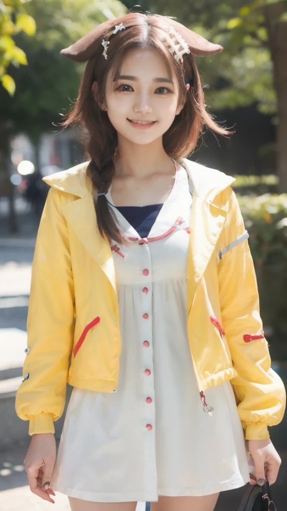 a cute 18 years old girl, smile, standing, fair white skin, facing viewer, looking at viewer, focus upper body, view form head to thigh, ik1, white dress, yellow jacket, cartoon bone