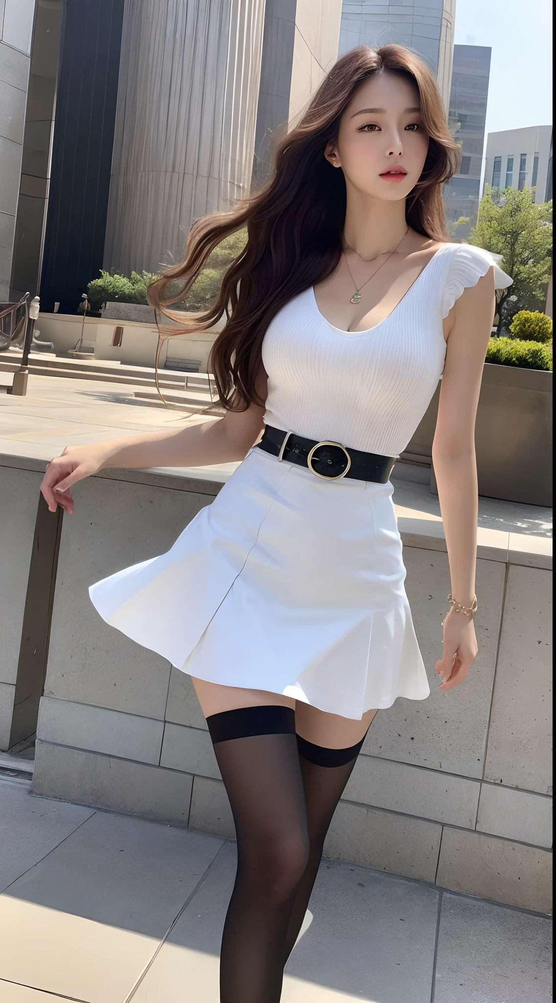 (Best Quality, High Resolution, Masterpiece: 1.3), a tall and beautiful woman, slender abs, dark brown hair in loose wavy styling, breasts, wearing a pendant, white dress, belt, denim skirt, stockings, (modern architecture in the background), face and skin texture in beautifully presented details, detailed eyes, double eyelids