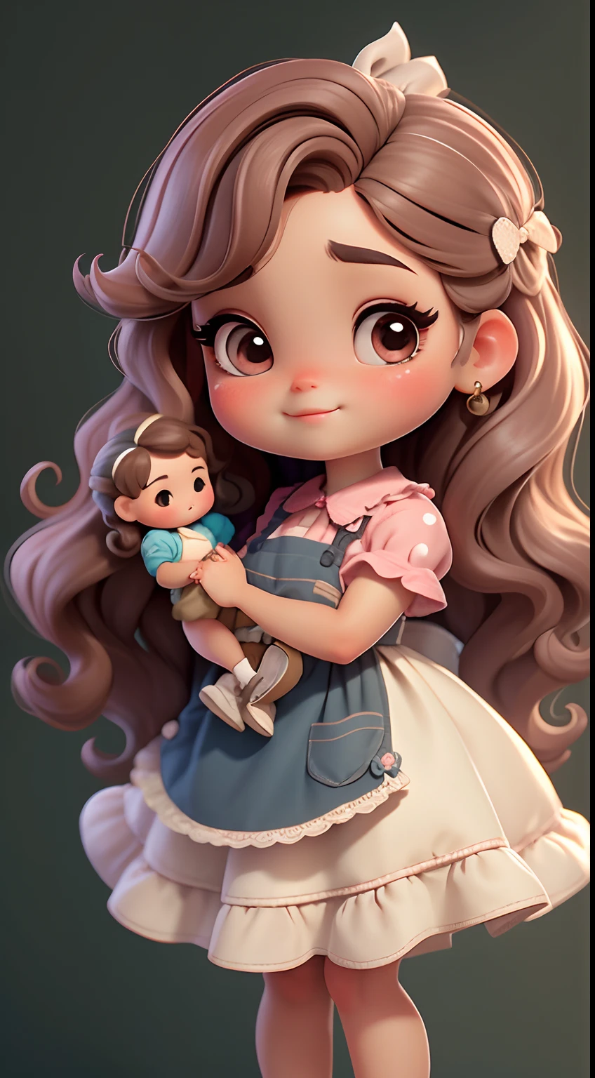 Create a series of chibi style dolls with a cute vintage chic theme, each with lots of detail and in an 8K resolution. All dolls should follow the same solid background pattern and be complete in the image, mostrando o (corpo inteiro, incluindo as pernas: 1.5)
Boneca Aprendiz de Bruxa: Chame-a de Mia. She must have medium wavy brown hair. Seus olhos devem ser grandes e curiosos, with long eyelashes and slightly pinkish cheeks. Mia should be dressed in a delicate dress and a polka-dot blouse and a delicate and beautiful hat. She should hold delicate and thin accessories. Add details like pockets and ruffles to the apron to make it even more charming, sapato bonito
Certifique-se de adicionar sombras, texturas e detalhes nos cabelos, roupas, Beautiful utensils, to make them even more adorable and charming.