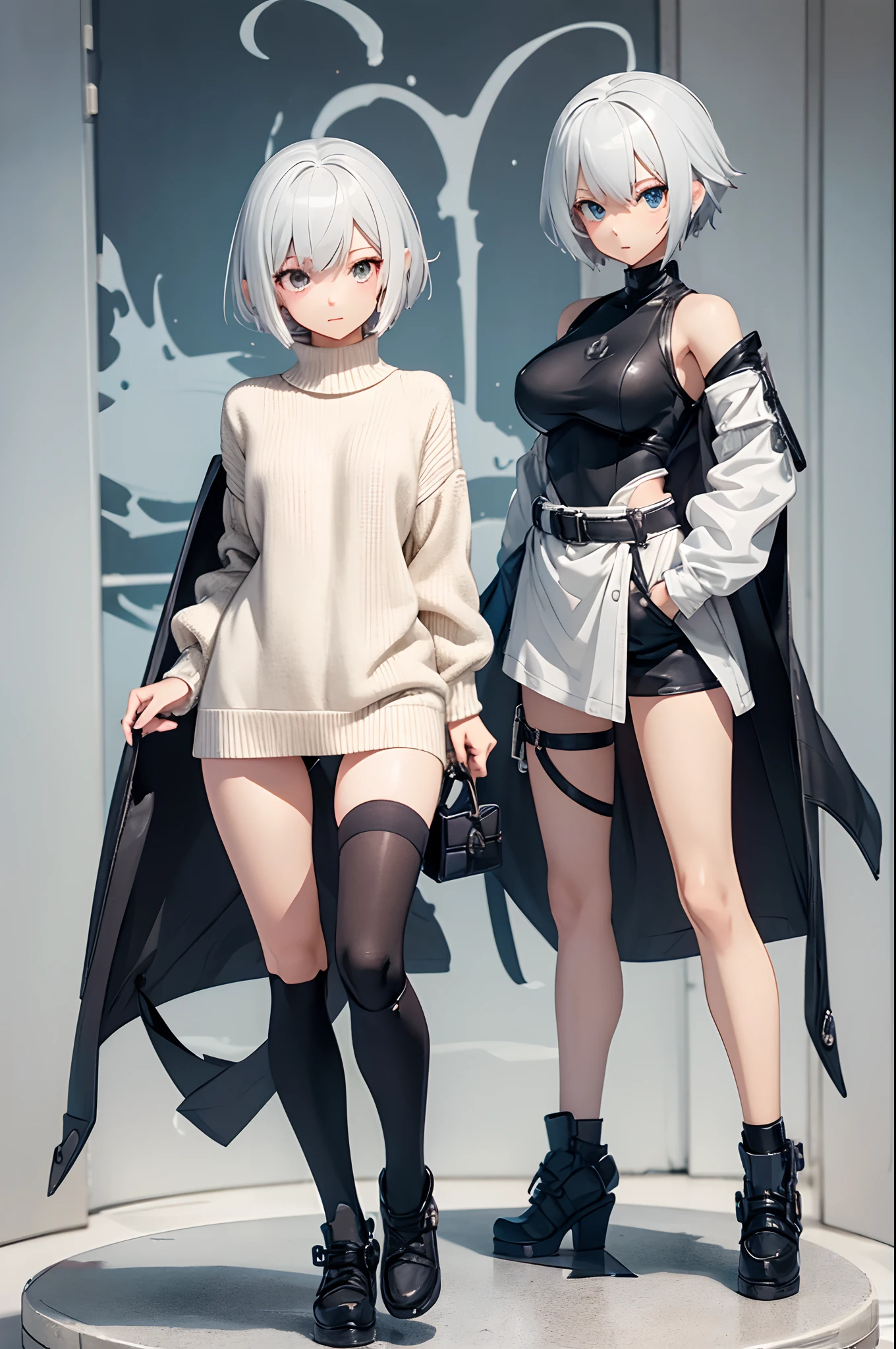 1girl, Anime sculpture of cool girl, She's dressed fashioned in sweater and Short pants, hd, 32k, super detailed, full body, 3d anime, anime style, splash art, anime figure, cute girl, 21-year-old girl's cool style, beauty eyes, sharp eyes. Her Asymmetric Pixie hairstyle, silver hair, short hair, and left-facing bangs, figure art, work desk background, blushing, masterpiece, standing, sexy-pose, unique, breathtaking, Best Artist, Cinematography, Soft Lighting, Cute and well loved, Wind Blowing, Creative, Ultra detailed, Fantasy, Magical,ActionFigureQuiron style,reference sheet,3DMM,action figure box