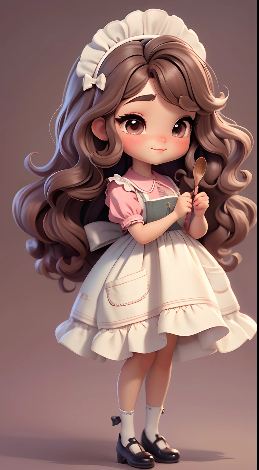 Create a series of chibi style dolls with a cute vintage chic theme, each with lots of detail and in an 8K resolution. All dolls should follow the same solid background pattern and be complete in the image, mostrando o (corpo inteiro, incluindo as pernas: 1.5)

Boneca Aprendiz de Bruxa: Chame-a de Mia. She must have medium wavy brown hair. Seus olhos devem ser grandes e curiosos, with long eyelashes and slightly pinkish cheeks. Mia should be dressed in a delicate dress and a polka-dot blouse and a delicate and beautiful bow. She should hold delicate and thin accessories. Add details like pockets and ruffles to the apron to make it even more charming, sapato bonito

Certifique-se de adicionar sombras, texturas e detalhes nos cabelos, roupas, Beautiful utensils, to make them even more adorable and charming.