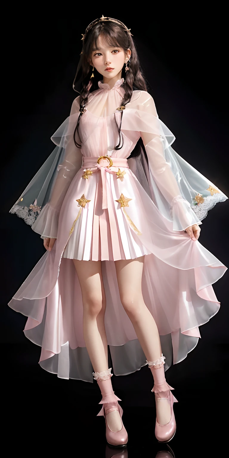 A 17 years old girl, super Long, flowing black hair.
	•	Gentle facial features with a hint of mystery and confusion in her eyes.

Wearing a (light pink:1.3) and pale white dress, which incorporates subtle gold or silver details.
The dress combines elements of both a pleated skirt and a flat skirt: the center portion of the dress is flat, while the sides have gentle pleats.
She has ((light pink:1.3) Mary Jane shoes) paired with (white lace-trimmed socks)).
Slightly tightened puff sleeves that reflect her calm and reserved nature.
A simple belt around her waist, holding a few small magical tools.
(A translucent, gauzy shawl:1.3)
Simple star-shaped earrings.
Her medieval dress is embroidered with magical symbols or runes.
	•	Despite her strong magical powers, her overall appearance exudes a sense of understated elegance and gentleness.