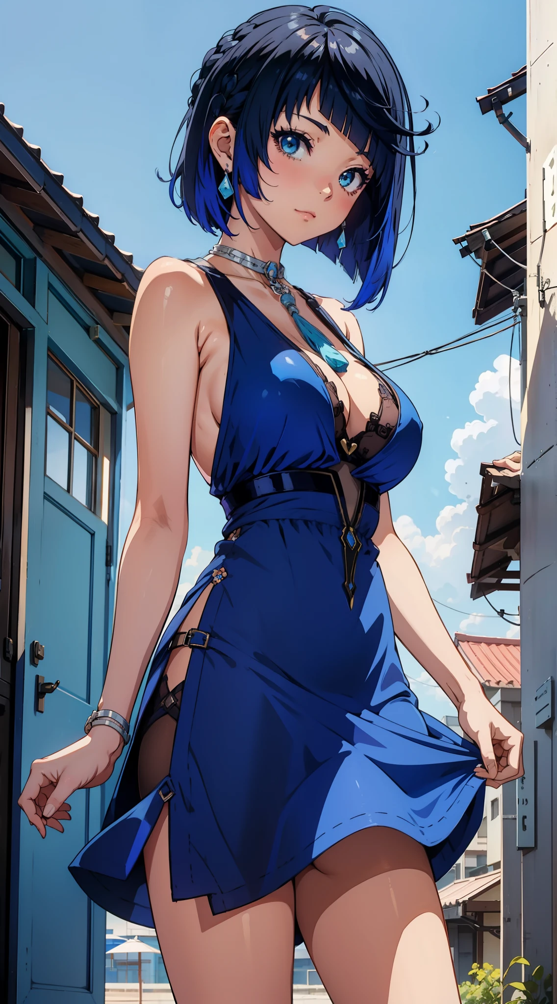 Short haired Cute anime Girl standing in front of a blue sky with hands behind back, tan, blue dress, large breasts