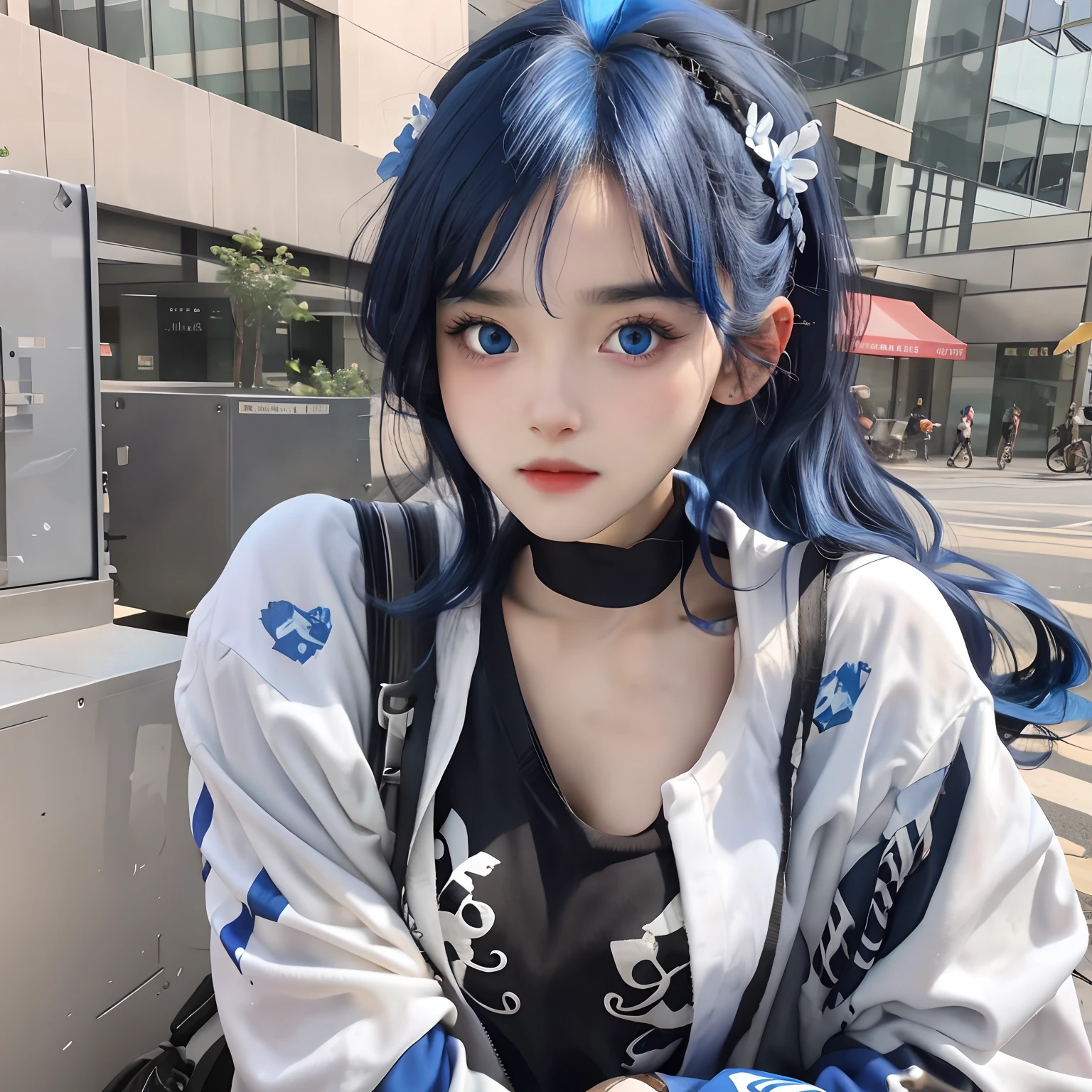 ultra realistic, blue eyes, black and blue hair, wearing sweeter, sharp nose, , big eyes, faint smile