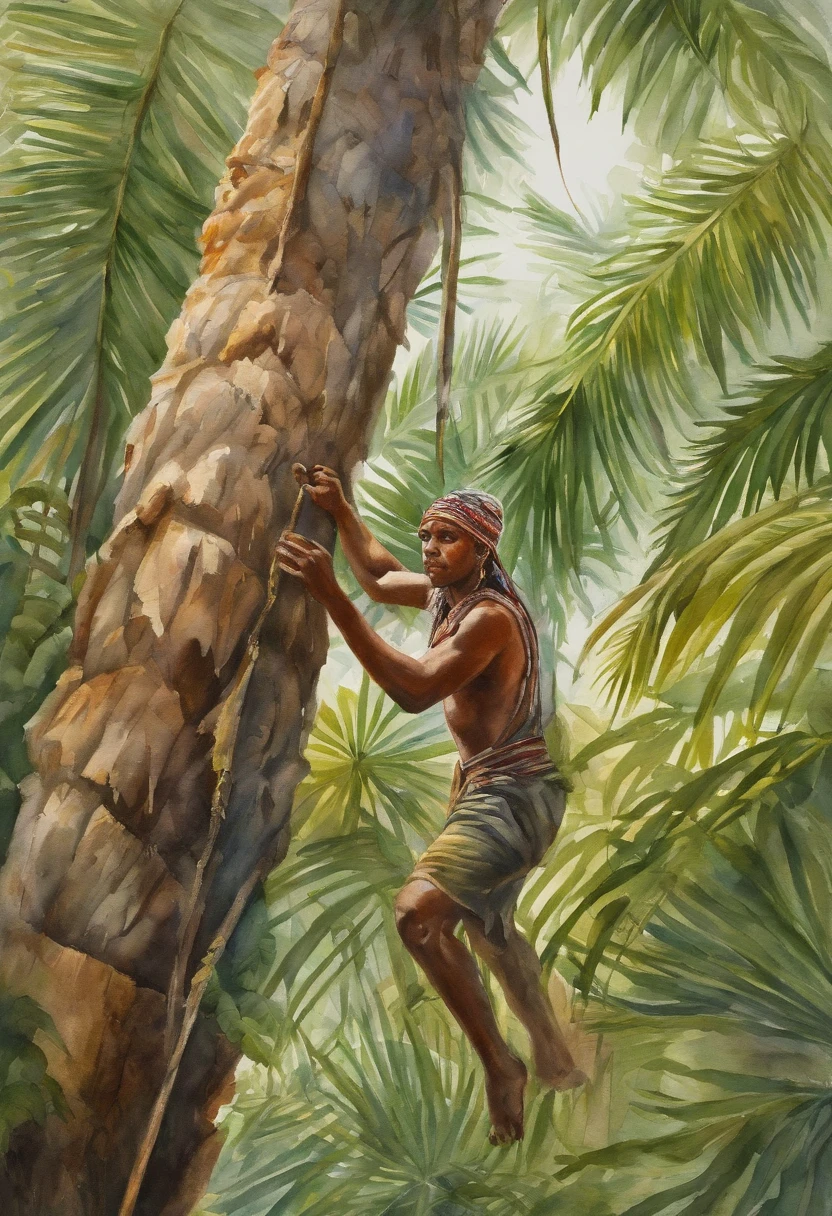 A young native climbing a tall palm in search of seeds, watercolor, illustration,detailed figure,lush greenery,serene atmosphere,morning light,masterpiece:1.2,high resolution:1.2,vibrant colors,ultra-detailed leaves,beautifully textured bark,exquisite details.