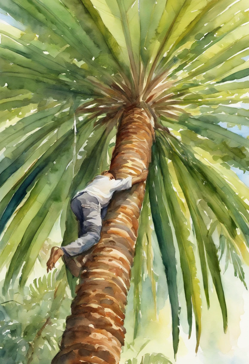 A young native climbing a tall palm in search of seeds, watercolor, illustration,detailed figure,lush greenery,serene atmosphere,morning light,masterpiece:1.2,high resolution:1.2,vibrant colors,ultra-detailed leaves,beautifully textured bark,exquisite details.