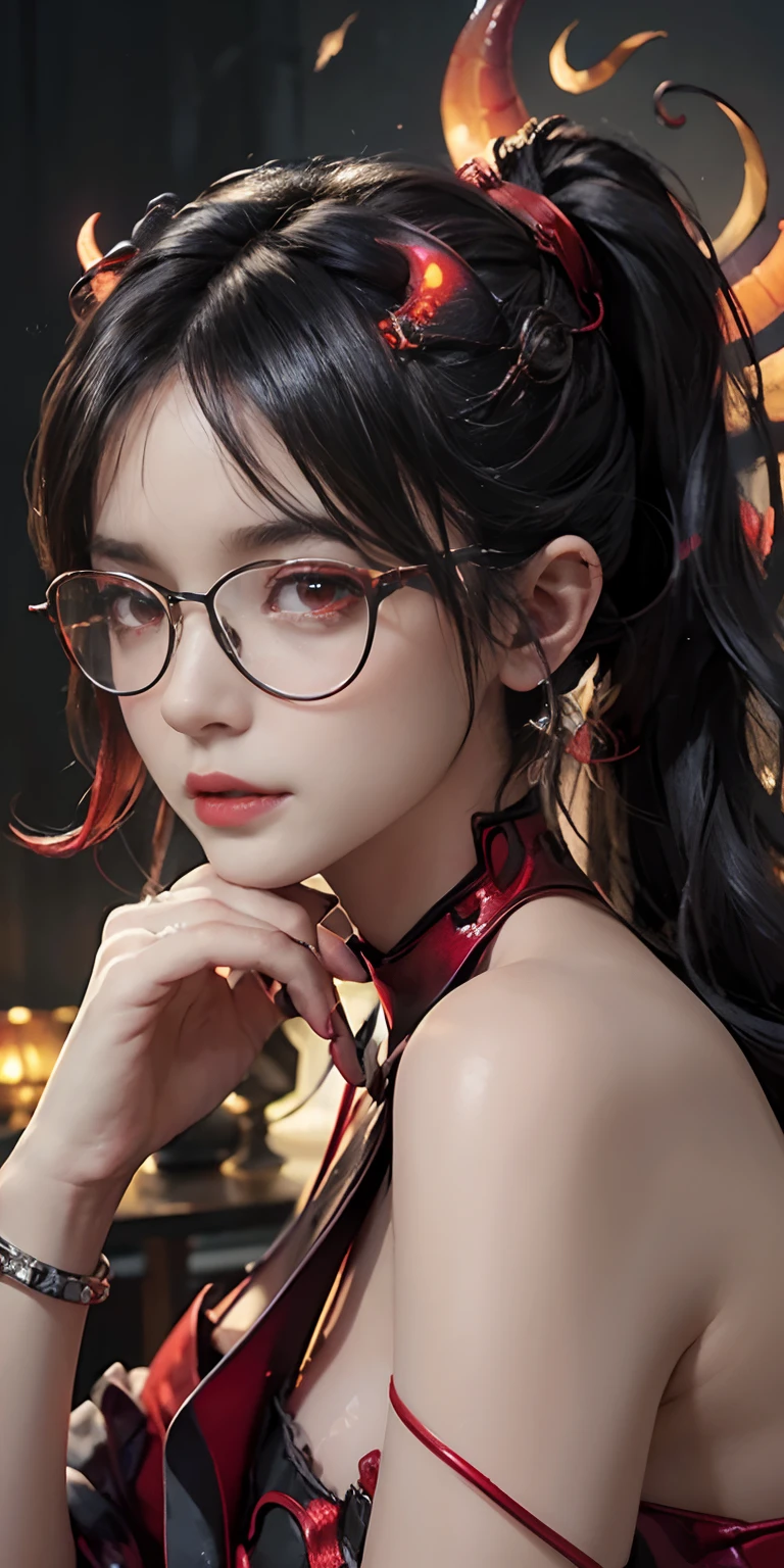 Fine、(The best illustrations)、8K resolution、intricate-detail、top-quality、realisitic、ultra-detailliert、The best lighting、Best Shadows、Soft lighting、Ulutra HD、Dungeon and Dragon、Dungeon、A Necromancer、natta、magia、Dark style、Succubus、Devil's Daughter、Bat Wings，(((Demon Horns)))、((((black-rimmed round glasses))))、(((Colossal tits)))、Devil's Tail、(red eyes glowing:1.6)、​masterpiece、beautiful countenance、Tindall Effect、photos realistic、(High Detail Skins:1.2)、8KUHD、Digital SLR、hightquality、a picture、hight resolution、 absurderes、Ponytail distortion、best ratio four finger and one thumb、Highest high resolution、女の子1人、hair adornments、a necklace、jewely、Beautiful expression、Body Up、Large breasts emphasis、Toned waist、Wide buttocks、Tindall Effect、Photorealsitic、(High Detail Skins:1.2)、