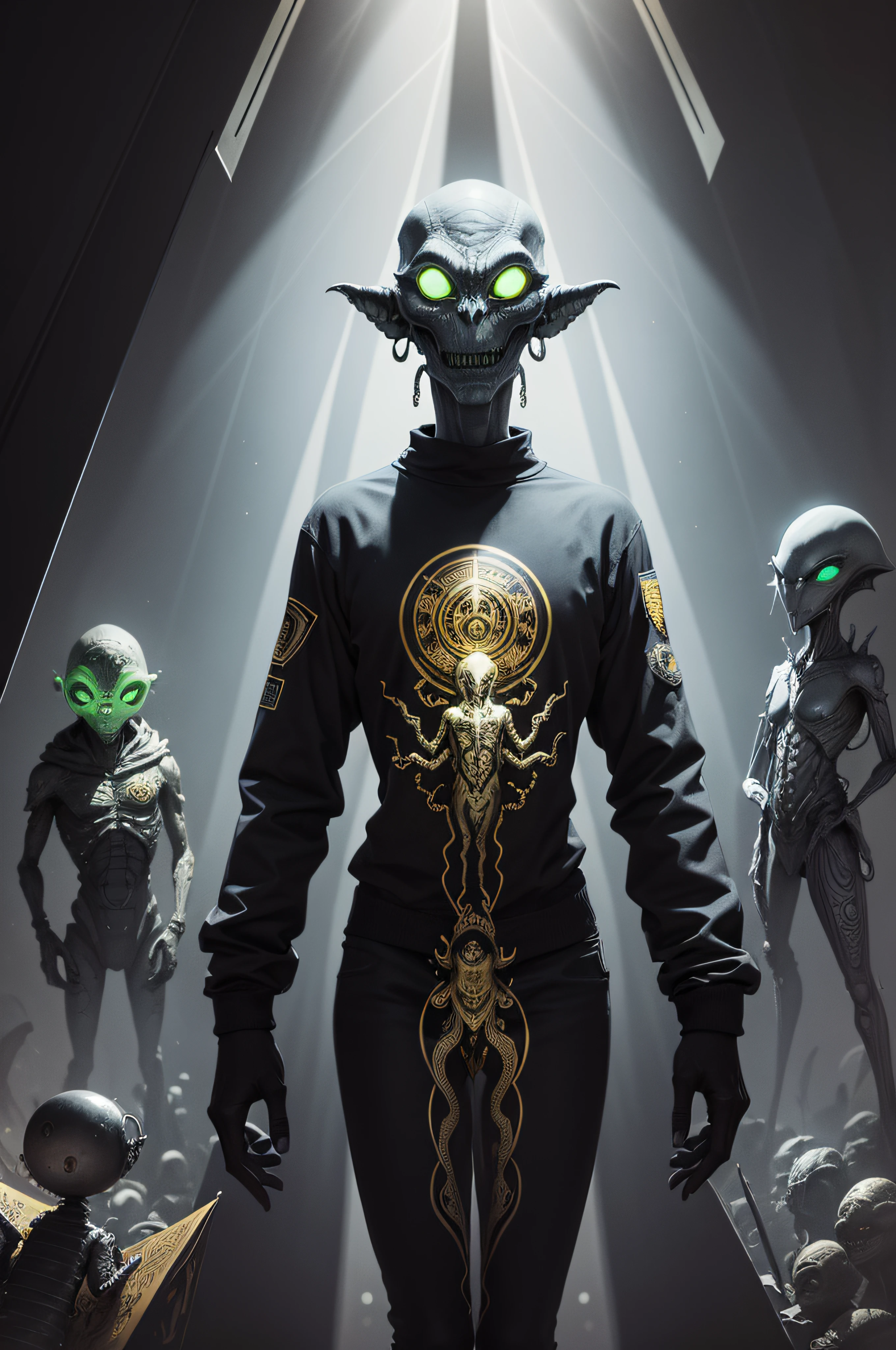 there is a alien holding a sign with a gold border, grey alien, extraterrestrial, alien design, galactic dmt entity, high detailed official artwork, reptilian space alien, enlightenment tripping on dmt, inspired by Ravi Zupa, enlightened, official illustration, black light velvet poster, gray alien, grey aliens, added detail, official artwork