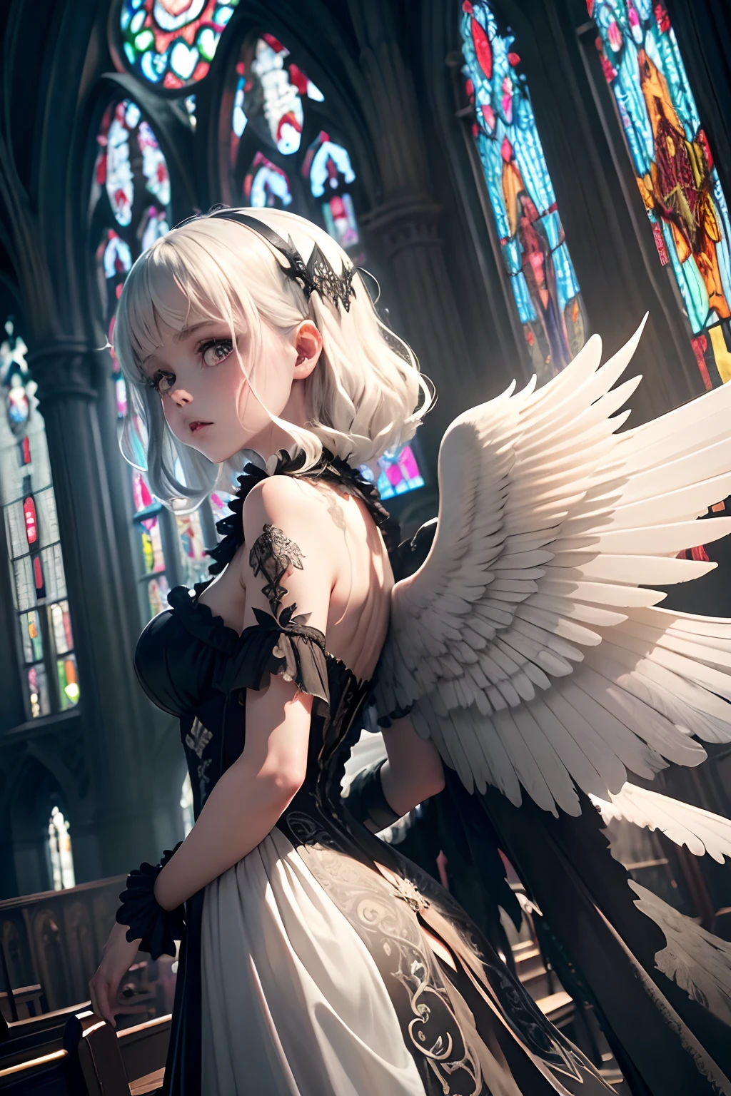 surreal ultra detailed illustration of a gothic fallen angel, stained glass window behind, cathedral environment, ((rotten white angel wings)), ((elaborately decorated worn black dress)), art by Mschiffer, best quality, (backlit), dark, eerie, nightmarish,