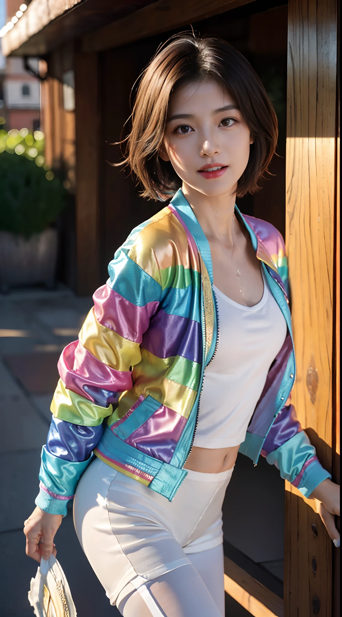 (Small underboob,Tomboyish,small heads)), (perfect bodies: 1.1), (shoulder length straight Rainbow color  short hair:1.1),attractive collarbone，（极其细致的CG 8k壁纸），（Extremely refined and beautiful），（masterpiece），（best qualtiy：1.0），（超高分辨率：1.0）,[A high resolution]，cheerfulness，smile，Smooth and flawless fair skin,(Exquisite Makeup:1.3),ultra - detailed ，Elongated legs,(Small breasts:1.1),Flat chest,underboob,Slim，emaciated，(Rainbow color jacket:1.5),(white pantyhose:1.3),Cleavage,autumn, in residential areas,high-rise residential buildings,in garden,on path,(running:1.5),(Hair flying:1.3),midday sunlight,(open mouth:1.2) ,(female orgasmic:1.3), (blush:1.3),(sweat:1.6),upper body,(close shot:1.3),(cowboy shot:1.3),(Passport photo:1.5),