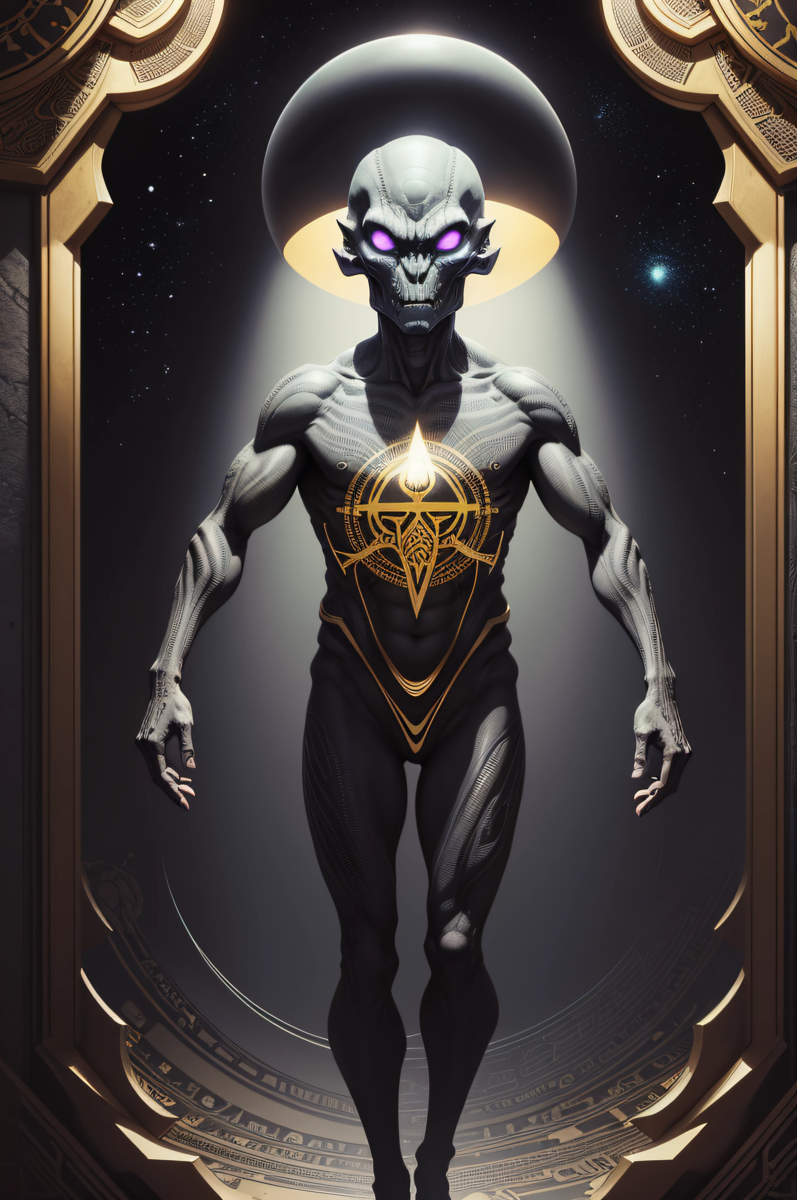 there is a alien holding a sign with a gold border, grey alien, extraterrestrial, alien design, galactic dmt entity, high detailed official artwork, reptilian space alien, enlightenment tripping on dmt, inspired by Ravi Zupa, enlightened, official illustration, black light velvet poster, gray alien, grey aliens, added detail, official artwork