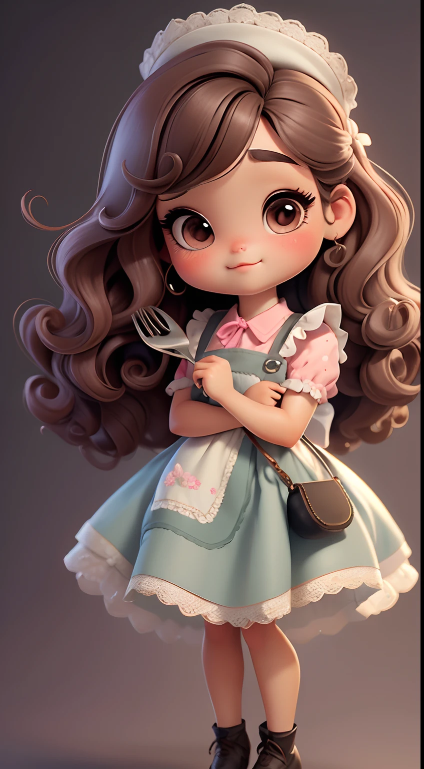 Create a series of chibi style dolls with a cute vintage chic theme, each with lots of detail and in an 8K resolution. All dolls should follow the same solid background pattern and be complete in the image, mostrando o (corpo inteiro, incluindo as pernas: 1.5)
Boneca Aprendiz de Bruxa: Chame-a de Mia. She must have medium wavy brown hair. Seus olhos devem ser grandes e curiosos, with long eyelashes and slightly pinkish cheeks. Mia should be dressed in a delicate dress and a polka-dot blouse and a delicate and beautiful bow. She should hold delicate and thin accessories. Add details like pockets and ruffles to the apron to make it even more charming, sapato bonito
Certifique-se de adicionar sombras, texturas e detalhes nos cabelos, roupas, Beautiful utensils, to make them even more adorable and charming.