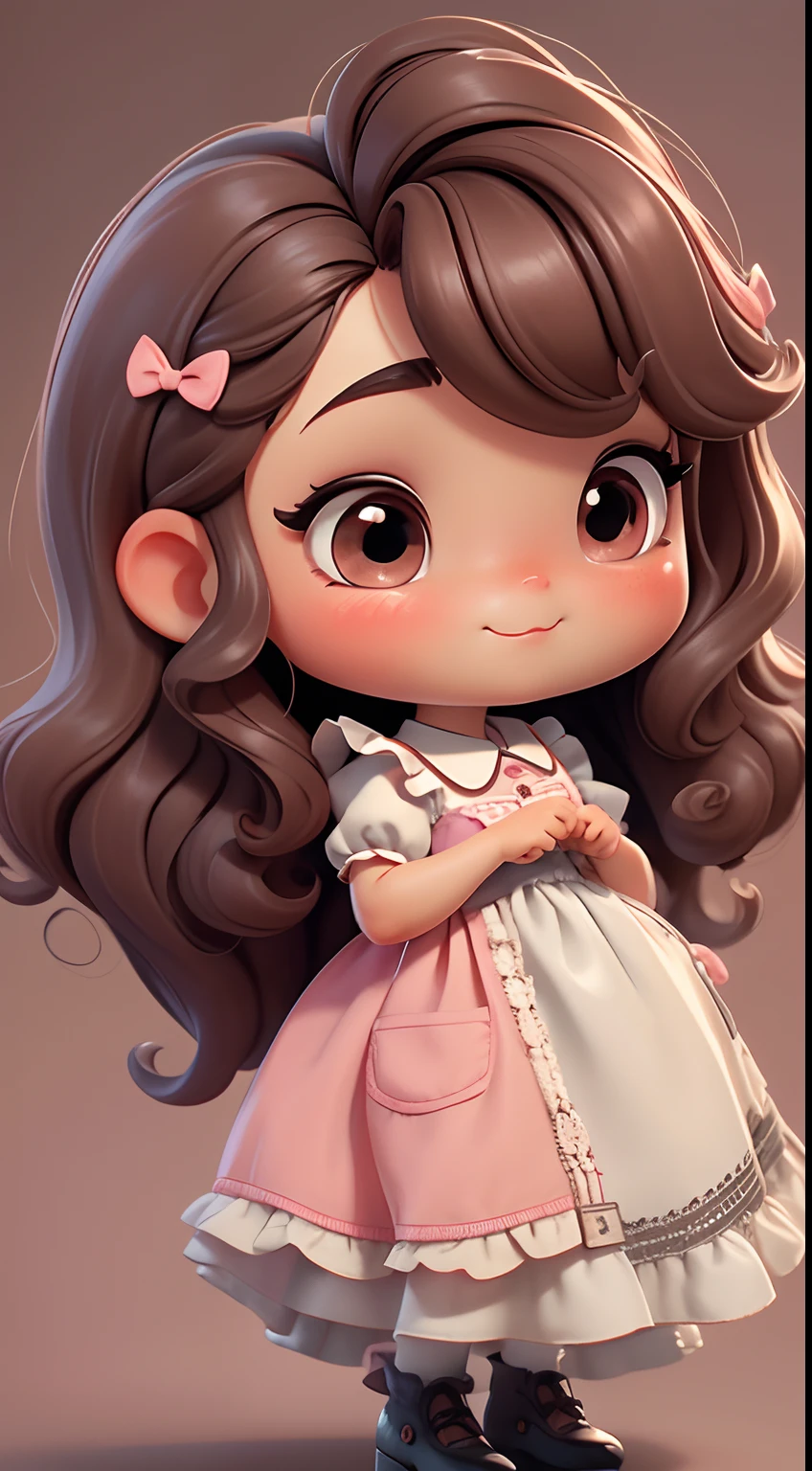 Create a series of chibi style dolls with a cute vintage chic theme, each with lots of detail and in an 8K resolution. All dolls should follow the same solid background pattern and be complete in the image, mostrando o (corpo inteiro, incluindo as pernas: 1.5)
Boneca Aprendiz de Bruxa: Chame-a de Mia. She must have medium wavy brown hair. Seus olhos devem ser grandes e curiosos, with long eyelashes and slightly pinkish cheeks. Mia should be dressed in a delicate dress and a polka-dot blouse and a delicate and beautiful bow. She should hold delicate and thin accessories. Add details like pockets and ruffles to the apron to make it even more charming, sapato bonito
Certifique-se de adicionar sombras, texturas e detalhes nos cabelos, roupas, Beautiful utensils, to make them even more adorable and charming.