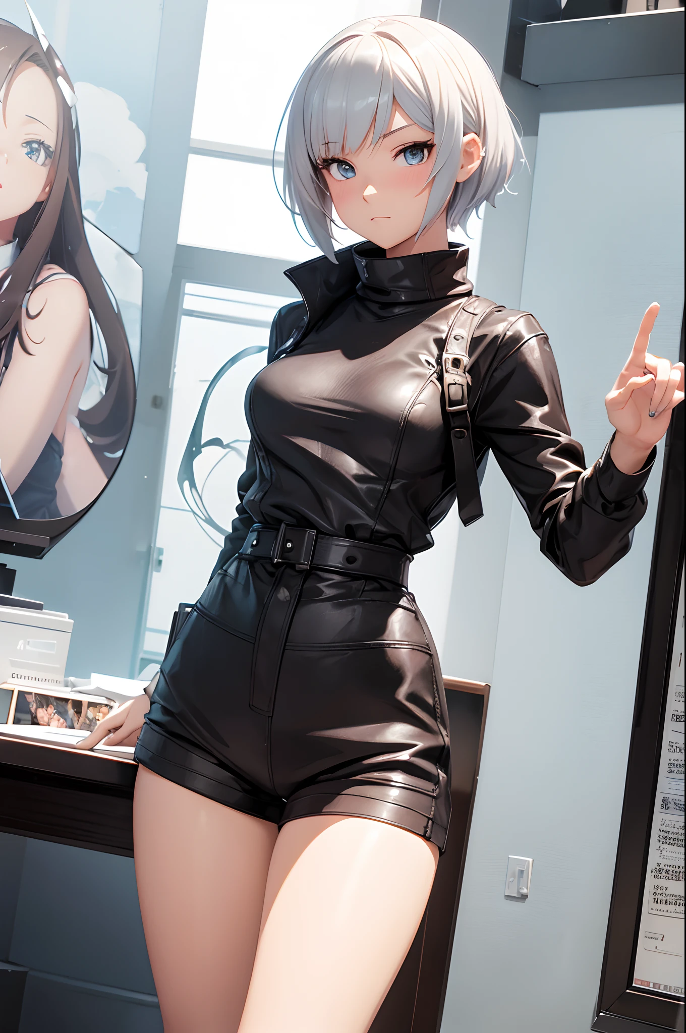 1girl, Anime sculpture of cool girl, She's dressed fashioned in sweater and Short pants, hd, 32k, super detailed, full body, 3d anime, anime style, splash art, anime figure, cute girl, 21-year-old girl's cool style, beauty eyes, sharp eyes. Her Asymmetric Pixie hairstyle, silver hair, short hair, and left-facing bangs, figure art, work desk background, blushing, masterpiece, standing, sexy-pose, unique, breathtaking, Best Artist, Cinematography, Soft Lighting, Cute and well loved, Wind Blowing, Creative, Ultra detailed, Fantasy, Magical,ActionFigureQuiron style,reference sheet,3DMM,action figure box